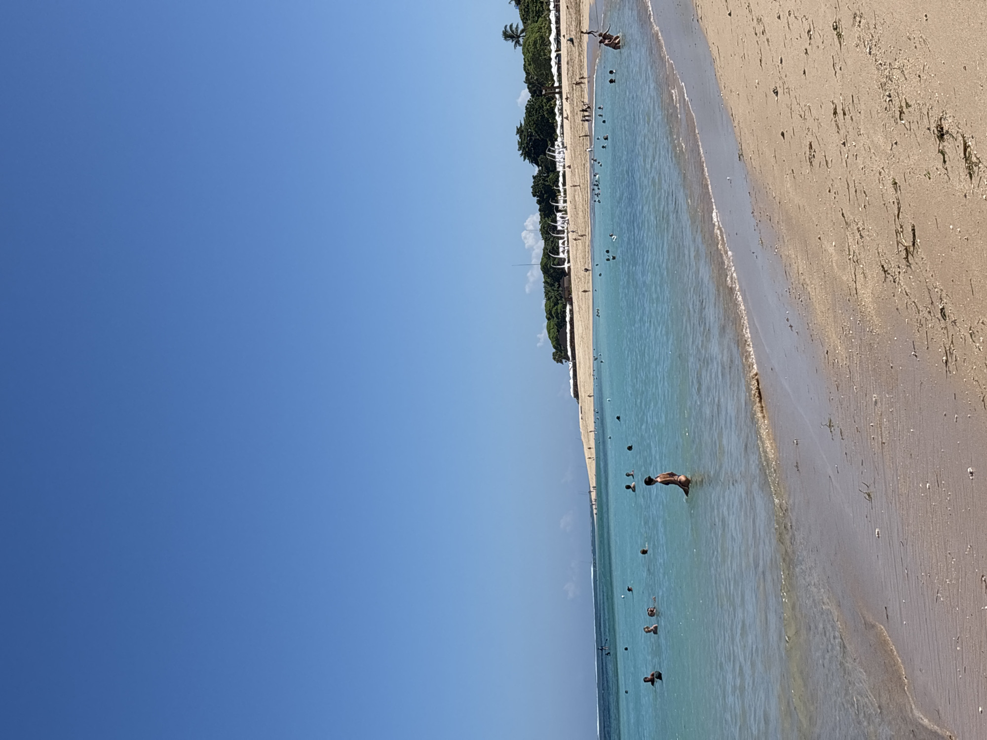 The image shows a beach in Nusa Dua, Indonesia, with a clear blue sky dominating the scene. A stretch of tan sand runs along the right side of the frame, marked with some seaweed or debris. The turquoise water borders the beach, with numerous people swimming or wading in it. Along the shoreline, there is a row of white beach umbrellas and some trees. Further inland, there is more dense greenery.