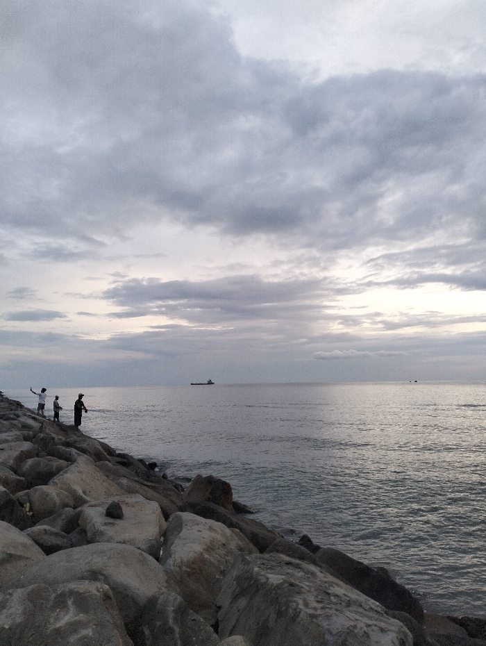 A serene seascape under a cloudy sky. Several figures stand on a rocky breakwater, appearing to fish. The calm sea reflects the overcast sky. In the distance, a ship is visible on the horizon. The overall atmosphere is tranquil and muted, with cool gray and blue tones dominating the scene.