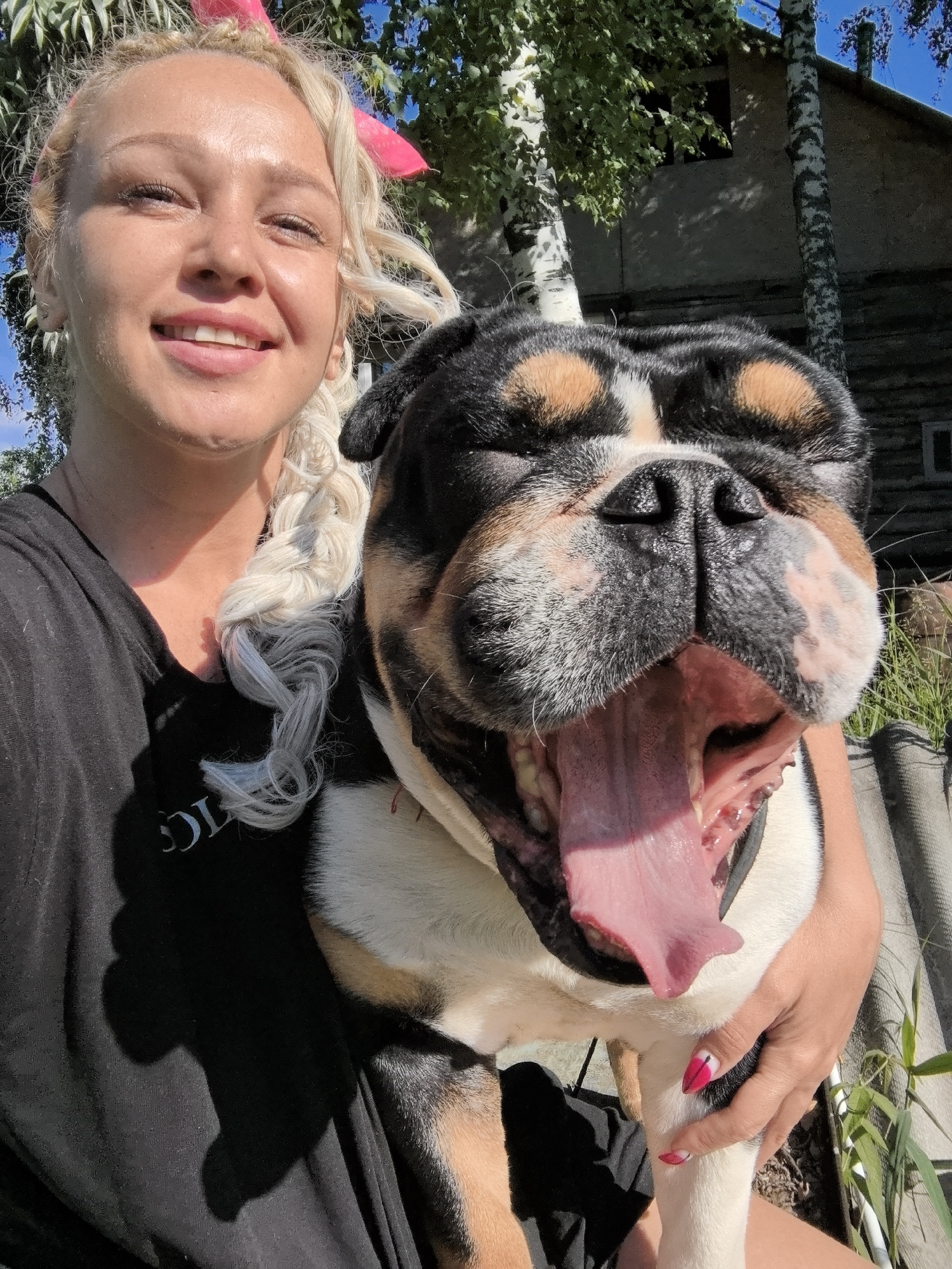 A blonde woman with a pink ribbon in her hair is taking a selfie with a large, tri-colored bulldog that is yawning widely, showing its tongue. The woman is wearing a black t-shirt. The dog is being held by the woman. They are outdoors in a yard, with trees, a rustic building, and a blue sky visible in the background. The location is specified as Noviy, Russia.
