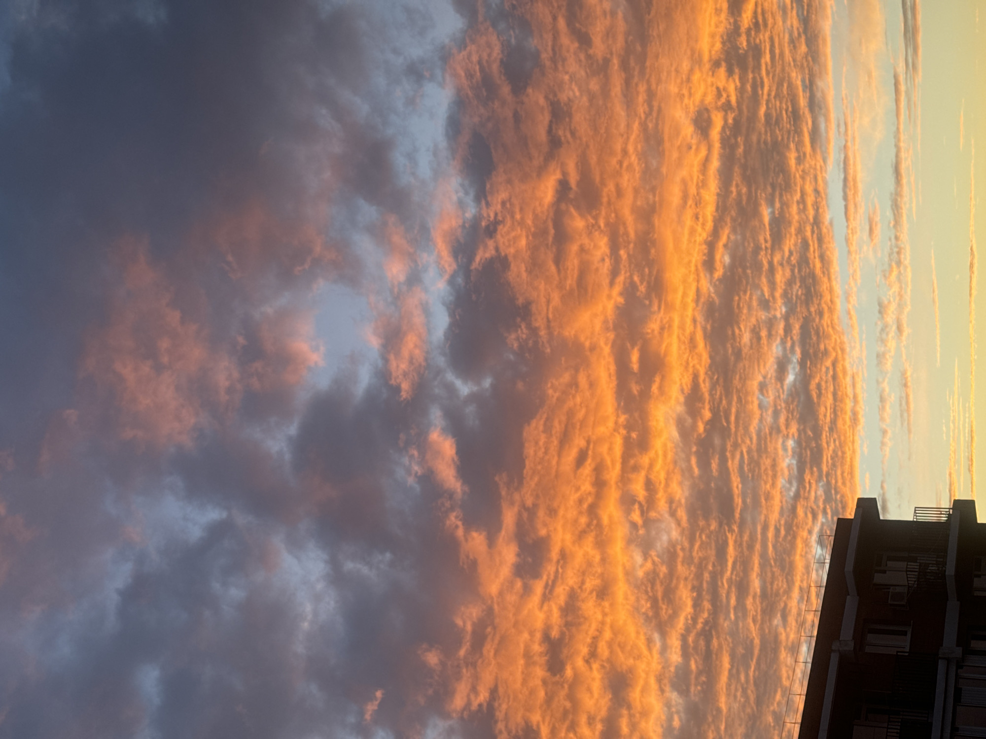 An image taken in the city of Markova, Russia, captures a vibrant sunset scene. The sky is filled with dramatic clouds, primarily colored in shades of fiery orange and pink, contrasted with patches of deep gray and light blue. These clouds are illuminated from below by the setting sun, creating a textured and layered effect across the sky. In the lower left portion of the frame, a dark silhouette of a modern building is visible. The building appears to be multi-story, with visible balconies and windows. The building's dark facade stands out against the bright, colorful sky. The overall impression is one of a striking natural phenomenon occurring over an urban landscape.