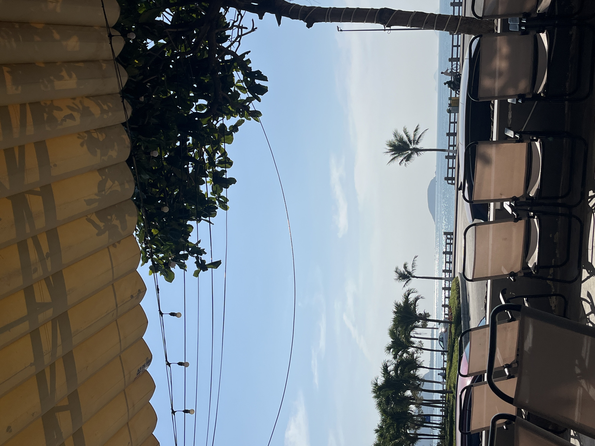 From a beachfront location in Bac Nha Trang Ward, Vietnam, the image shows outdoor seating with metal-framed chairs, overlooking a coastline with palm trees. In the distance, the ocean is visible, and a few people are seen on a pier or boardwalk. A building with a corrugated-like awning structure is on the left. String lights are suspended near the awning. The scene appears to be at a cafe or restaurant.