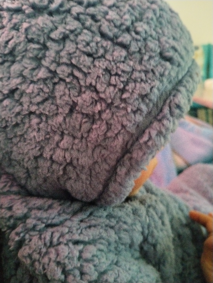 A close-up shows a person wearing a gray, hooded, sherpa-like jacket. The hood is up, covering the head, and the texture of the material is prominent. The person is also holding a finger. The background is blurry.