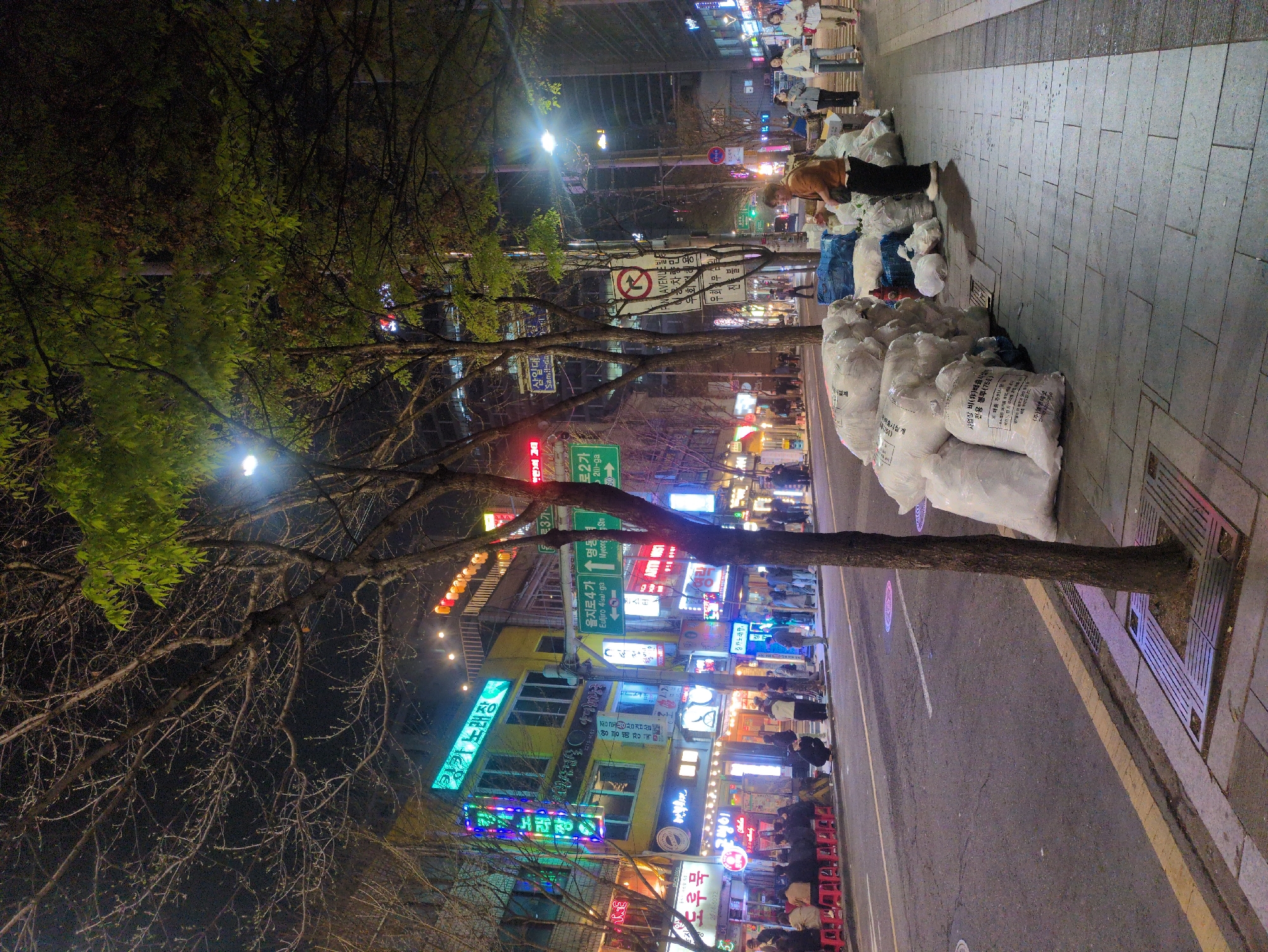 The image depicts a street scene in Seoul, South Korea, at night. Neon signs in Korean illuminate the buildings, many of which appear to be restaurants and karaoke bars ("noraebang"). A woman is sorting through bags of what appears to be trash or recyclables on the sidewalk. A tree stands between the street and the sidewalk. The presence of signs for Myeongdong (a shopping district), Samil-da (Samilda), and Euljiro 4(sa)-ga, indicate the general location. The numerous neon signs, street vendors, and people suggest a busy commercial area.