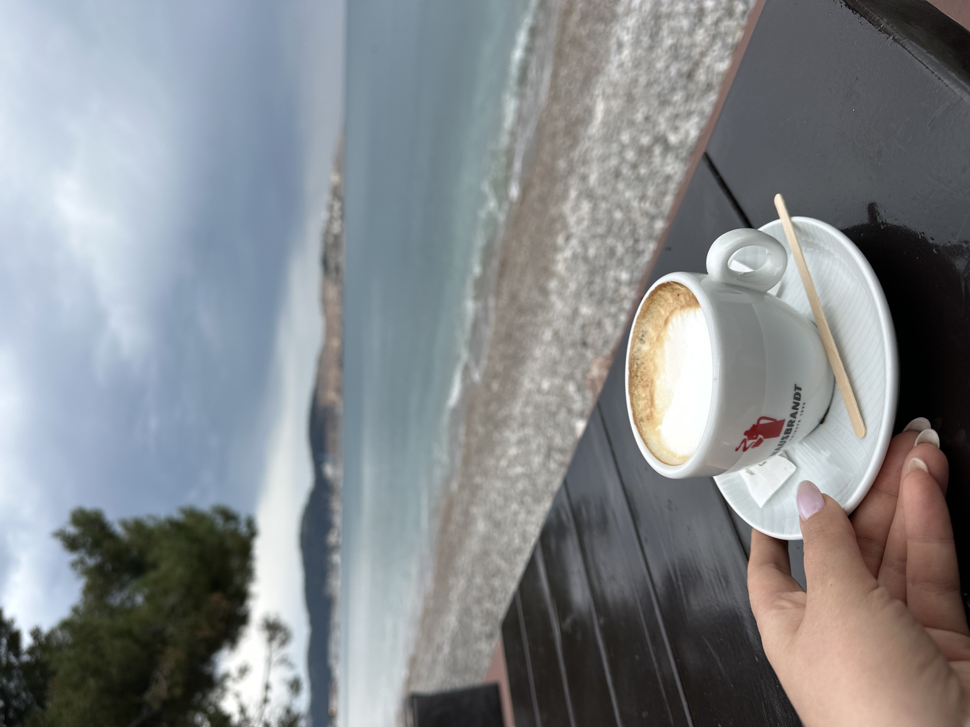 A cup of cappuccino rests on a white saucer, accompanied by a wooden stirrer and a sugar packet. The cup is held by a hand with manicured nails. The setting is outdoors, on a dark brown wooden table, likely in a cafe or restaurant in Šušanj, Montenegro, overlooking the Adriatic Sea. The sea stretches to the horizon, where a cloudy sky meets distant landmasses. Trees are visible in the foreground, indicating a coastal location. The image captures a tranquil moment with a cup of coffee against the backdrop of a seaside view in Šušanj.