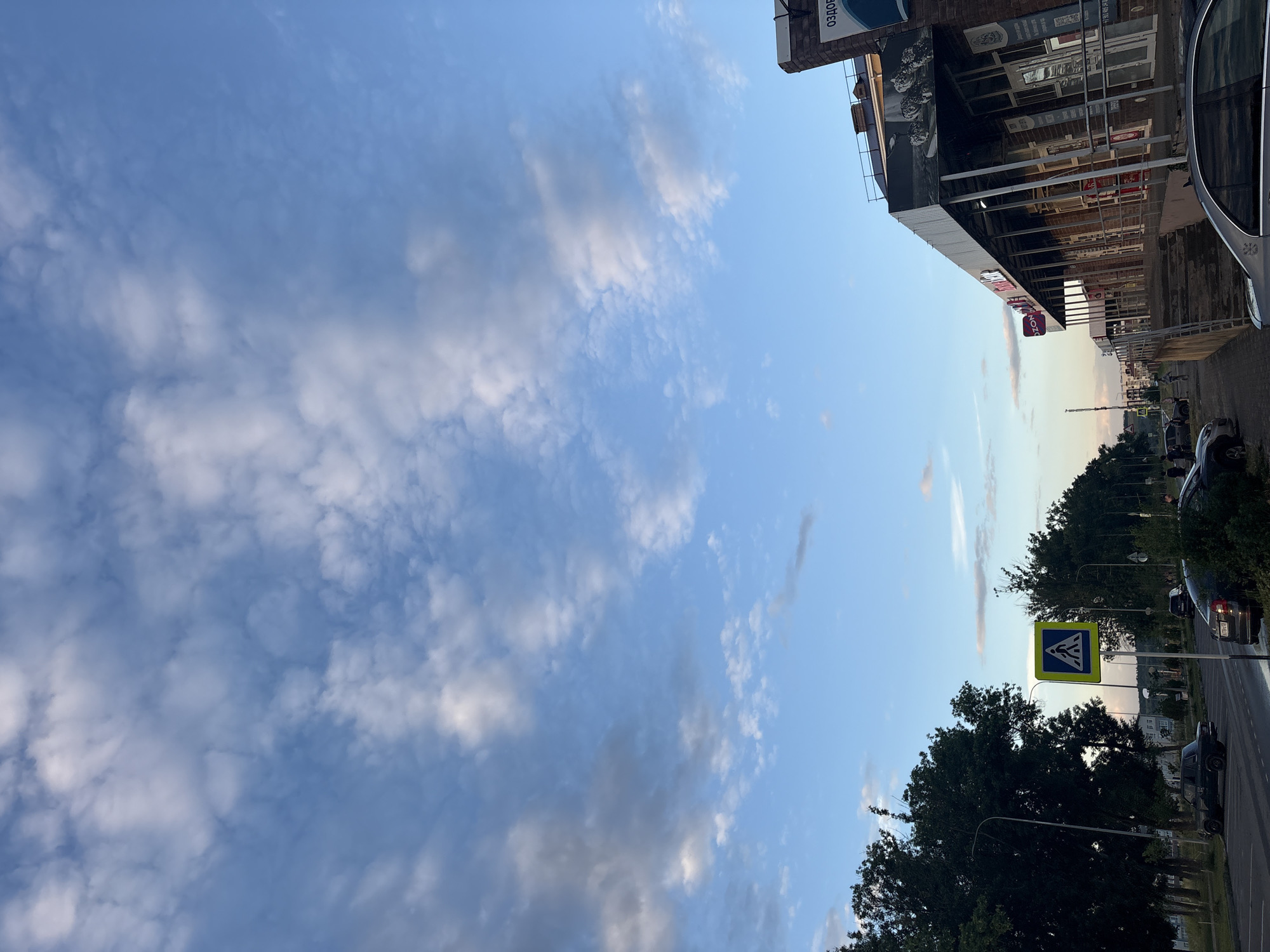 The image depicts a street scene in Mikhaylovsk, Russia, under a partly cloudy sky. On the right side of the image, a long, single-story commercial building with a sloped roof and metal columns lining its facade is visible. Signs for "OZON" and other businesses are present. The building appears to be a strip mall or a row of shops. A pedestrian crossing sign is positioned on the left side of the street, next to a row of trees. Several parked cars are visible on the street and in a parking lot. The overall atmosphere suggests a typical urban environment during daylight hours, possibly late afternoon or early evening given the lighting. There are no clear actions or interactions depicted among people, and the focus is on the architecture and streetscape.