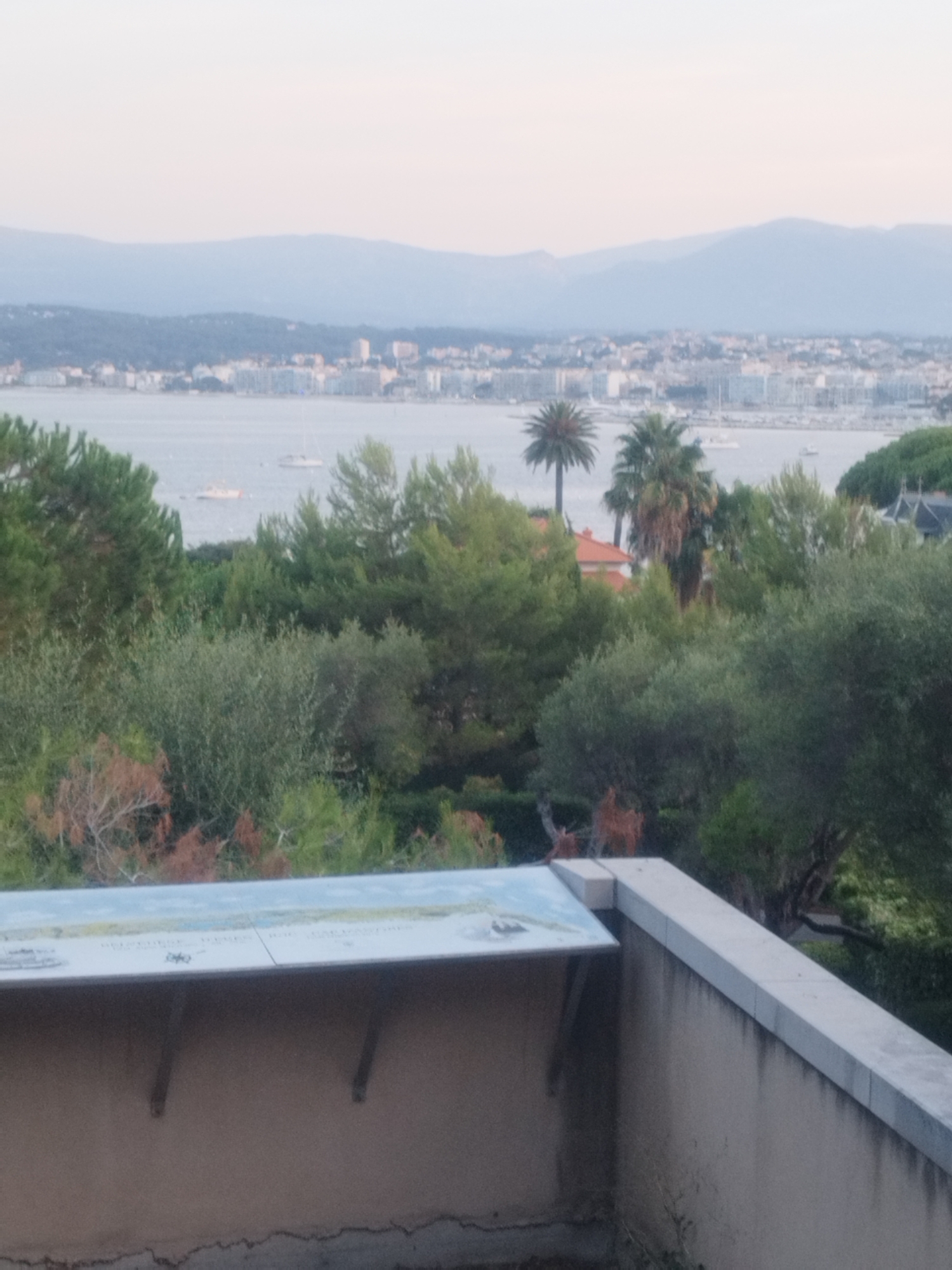 This is a landscape photograph taken from a vantage point overlooking a bay and a city. In the foreground, there is a concrete wall with a light-colored cap, and a slanted sign with a map or informational graphic on it. The sign is supported by two metal brackets. Beyond the wall and sign, there is dense green foliage, including trees and bushes. In the middle ground, a body of water is visible, with several boats and yachts sailing on it. A city with buildings of various heights lines the coast, with a hazy mountain range in the background. The sky is a soft, pale gradient. This view is consistent with the viewpoint from Fort Carré in Antibes, France, looking out over the Baie des Anges towards Nice and the Maritime Alps.