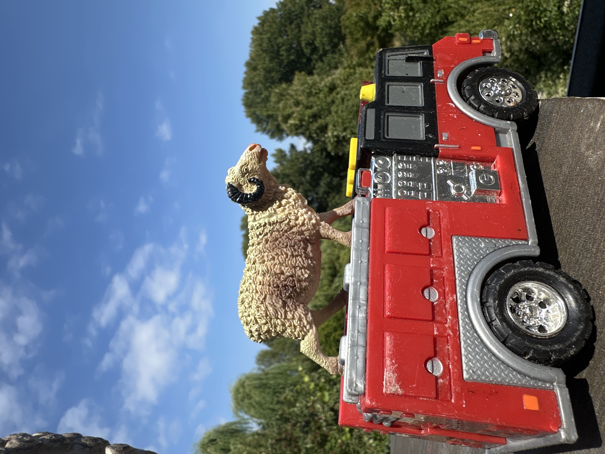 An outdoor, eye-level, medium shot features a toy fire truck with a toy sheep on top, set against a bright blue sky with scattered white clouds and a backdrop of green trees. The fire truck is predominantly red with black and silver accents, including wheels, ladders, and windows. The sheep, positioned on the rear section of the fire truck's roof, is light brown with a woolly texture and curved horns. The scene is brightly lit, suggesting daytime. The image does not provide any specific location information within Lelystad, Netherlands, or any details about people, actions, or interactions. The environment appears to be natural, with trees and sky visible.