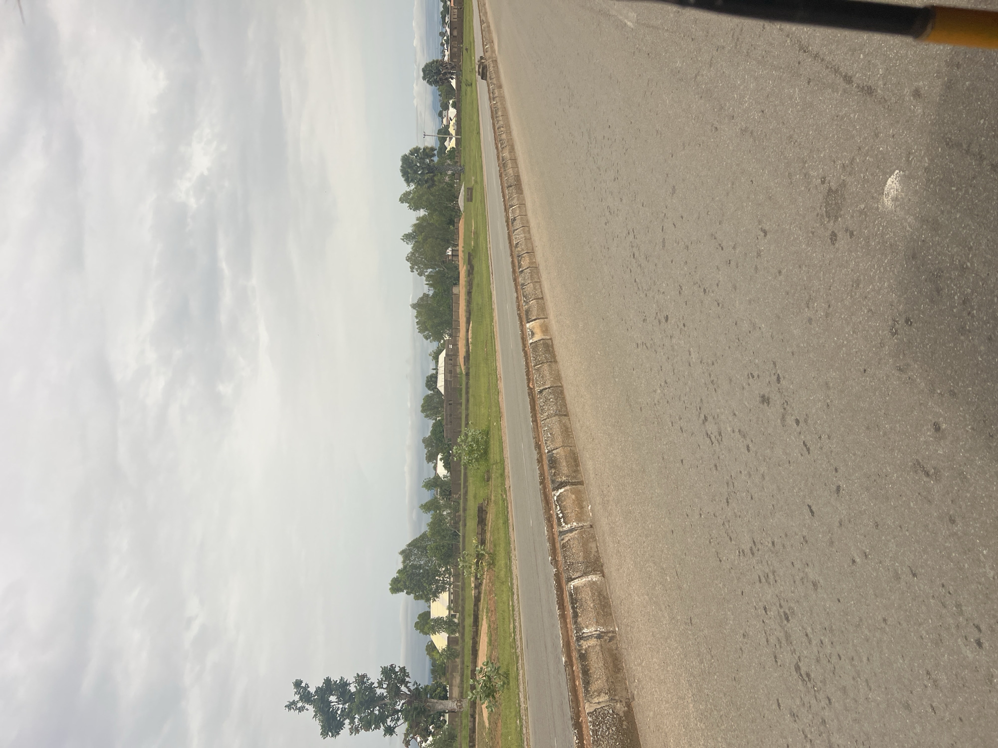 The image captures a roadside scene in Jalingo, Nigeria, under a cloudy sky. A paved road occupies the foreground, with its textured asphalt surface showing scattered dark spots. A concrete curb with a weathered appearance runs along the edge of the road, separating it from a grassy median. Beyond the median, a stretch of green lawn is visible, punctuated by some small bushes and a few foundational brick walls, possibly marking property lines. In the middle ground, a line of trees, varying in height and type, forms a natural barrier. Behind the trees, several buildings with light-colored roofs are scattered across the landscape, suggesting a residential or semi-urban area. A single tall, slender tree stands prominently on the left side of the frame. The background reveals more trees and buildings, with a distant hazy horizon. The overall impression is one of a developing area within Jalingo, characterized by its natural elements and ongoing construction.