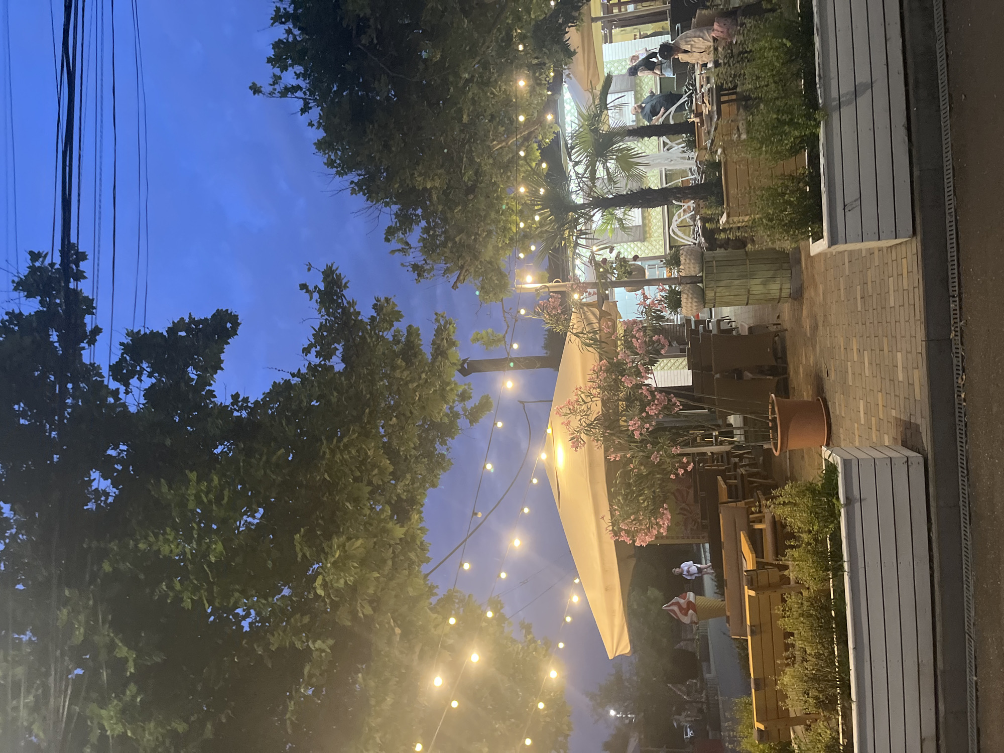 The image depicts an outdoor seating area of a cafe or restaurant, likely in Krasnodar, Russia, given the context. The scene is set at dusk, with the sky a deep blue and a few scattered clouds. Overhead, string lights are illuminated, casting a warm glow on the tables and trees.
In the foreground, there are several wooden benches and tables, some with planters containing greenery. A large white planter box with white horizontal slats is prominent in the lower portion of the image. To the left, a large decorative ice cream cone sculpture stands near some tables.
Further back, a large beige umbrella provides shade over a seating area. Pink flowering plants in pots add a touch of color. There are a few people visible in the background, including one person standing near the ice cream sculpture, and a group of people seated at tables towards the right of the image. Two small palm trees are also present, adding to the ambiance. The ground is paved with brick-like tiles. Electrical wires are visible crisscrossing the sky, typical of urban environments. The overall impression is of a relaxed evening gathering at an outdoor establishment.