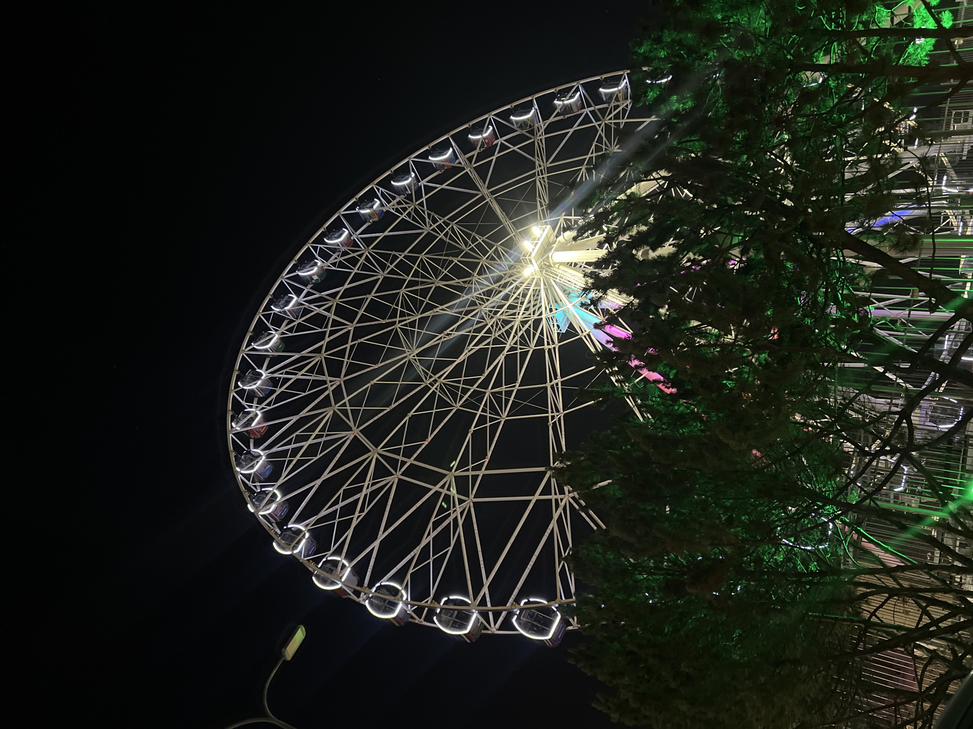 The image shows a Ferris wheel at night in Kazan, Russia. The Ferris wheel is illuminated with white lights on the passenger cars and colorful lights near the center. A tree is partially obscuring the right side of the Ferris wheel. The sky is dark. A street light is visible in the lower left corner.