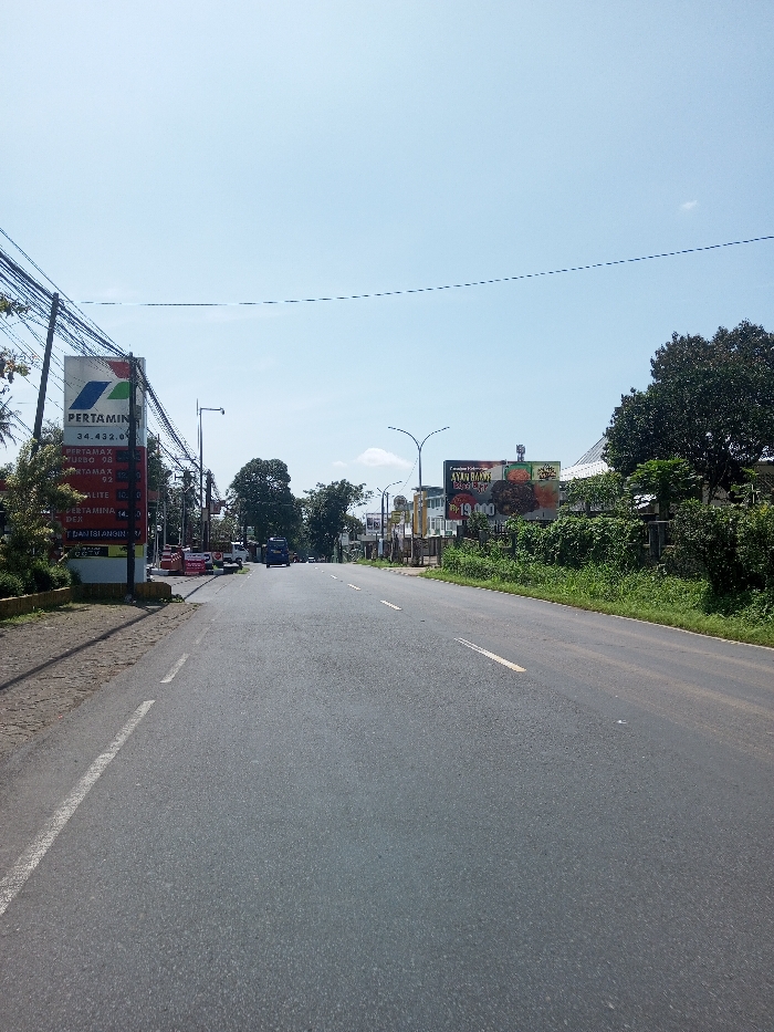 This image captures a wide-angle view of a two-lane asphalt road extending into the distance under a clear, light blue sky. Visually, the scene indicates a location in Indonesia, contradicting the provided location of Beteng_Pangkhar_Somthrang, Bhutan, due to the presence of an Indonesian Pertamina fuel station sign and an "Ayam Bakar" billboard with Rupiah pricing.

On the left side of the road, a tall, white and red Pertamina fuel price sign displays various fuel types and prices: "34.432.0" at the top, followed by "PERTAMAX TURBO 98", "PERTAMAX 92", "PERTALITE 10", and "PERTAMINA DEX". Dense overhead power lines and cables are strung above the sign and across the upper left quadrant of the frame. Green foliage and trees line the immediate left roadside, behind a concrete shoulder. Further down the road, a dark blue van or bus is visible, alongside other distant vehicles and structures.

The road itself has a white dashed line marking the left edge and yellow dashed lines in the center, indicating traffic lanes. On the right side of the road, a large billboard advertises "AYAM BAKAR" (grilled chicken) for "Rp 19.000", prominently displaying images of food. Below and in front of the billboard, lush green vegetation, bushes, and trees grow along the roadside. Utility poles and modern streetlights with curved arms are spaced along both sides of the road. In the far distance, the road appears to curve slightly, flanked by more trees and commercial or residential buildings. No discernible human figures are present in the immediate foreground or mid-ground. The lighting suggests bright daylight conditions.