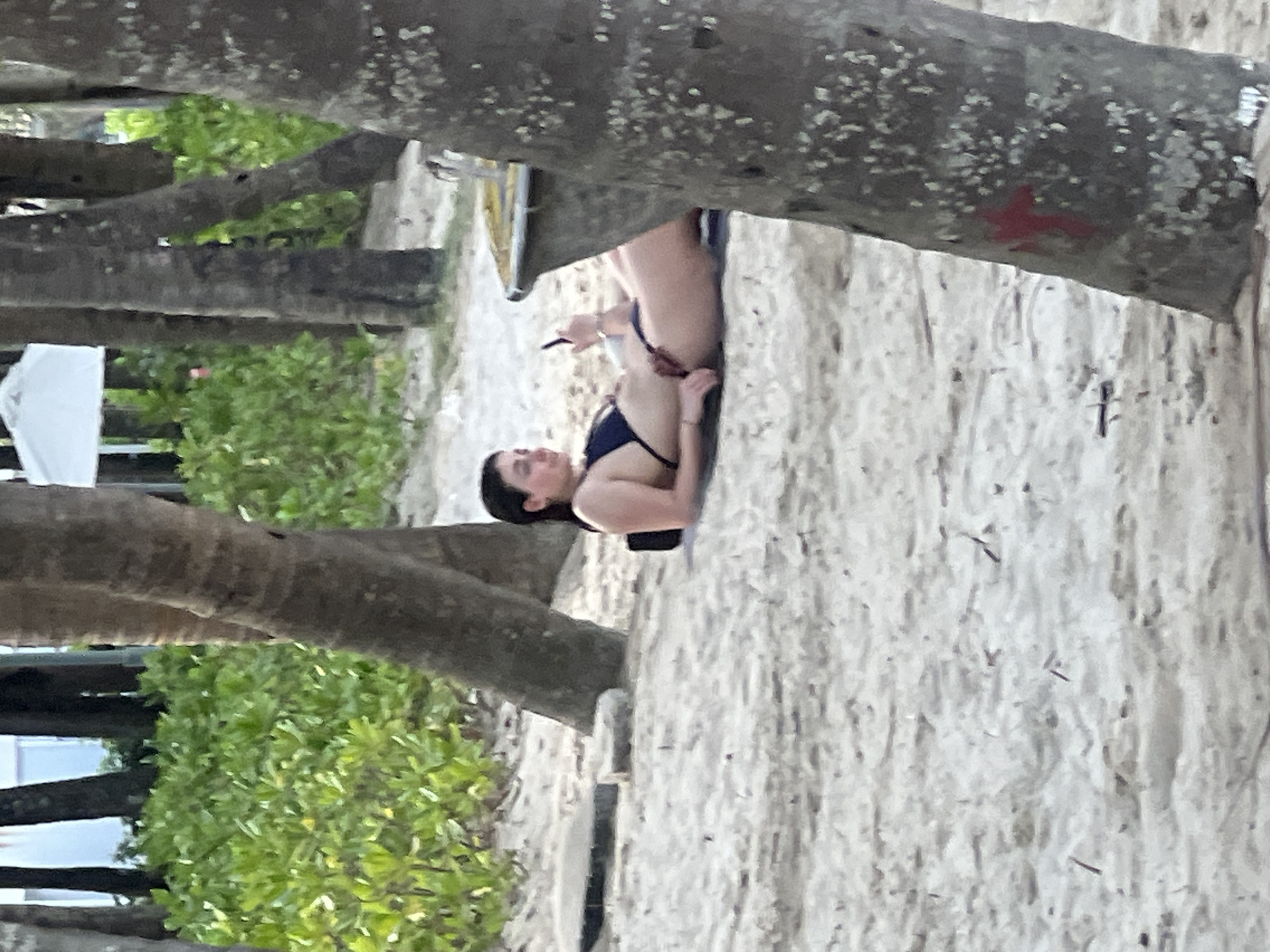 In Đà Nẵng, Vietnam, a woman lies on her side on a sandy beach, facing left. She is wearing a black bikini and holding a mobile phone in her right hand. The woman is positioned between several palm trees and lush green vegetation. In the background, a white umbrella is visible, suggesting a resort or public beach area. The scene is observed from a low angle, with palm tree trunks framing the foreground and midground.