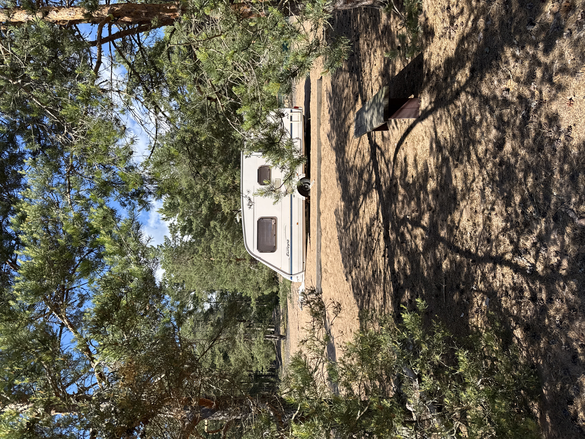 The image shows a white recreational vehicle (RV) parked in a forest clearing. The RV is oriented vertically, with its front facing left. It has several windows and appears to be a small to medium-sized model. The text "Europa" is visible in blue lettering on the side of the RV.
The scene is set in a forest with tall pine trees that cast dappled shadows on the sandy ground. The ground is covered with pine needles and some fallen cones. A wooden picnic table, with a green top and wooden legs, is visible to the right of the RV, also in shadow. The sky, visible through the branches of the trees, is blue with some white clouds, suggesting a clear and sunny day. The lighting indicates it is daytime, likely mid-morning or afternoon, given the angle of the shadows.
There are no people visible in the image. The overall impression is of a serene, secluded camping spot in a natural environment. The location cues, such as the pine trees and sandy ground, are consistent with a forest setting in Zelenaya Roshcha, Russia. The image evokes a sense of peace and outdoor recreation.