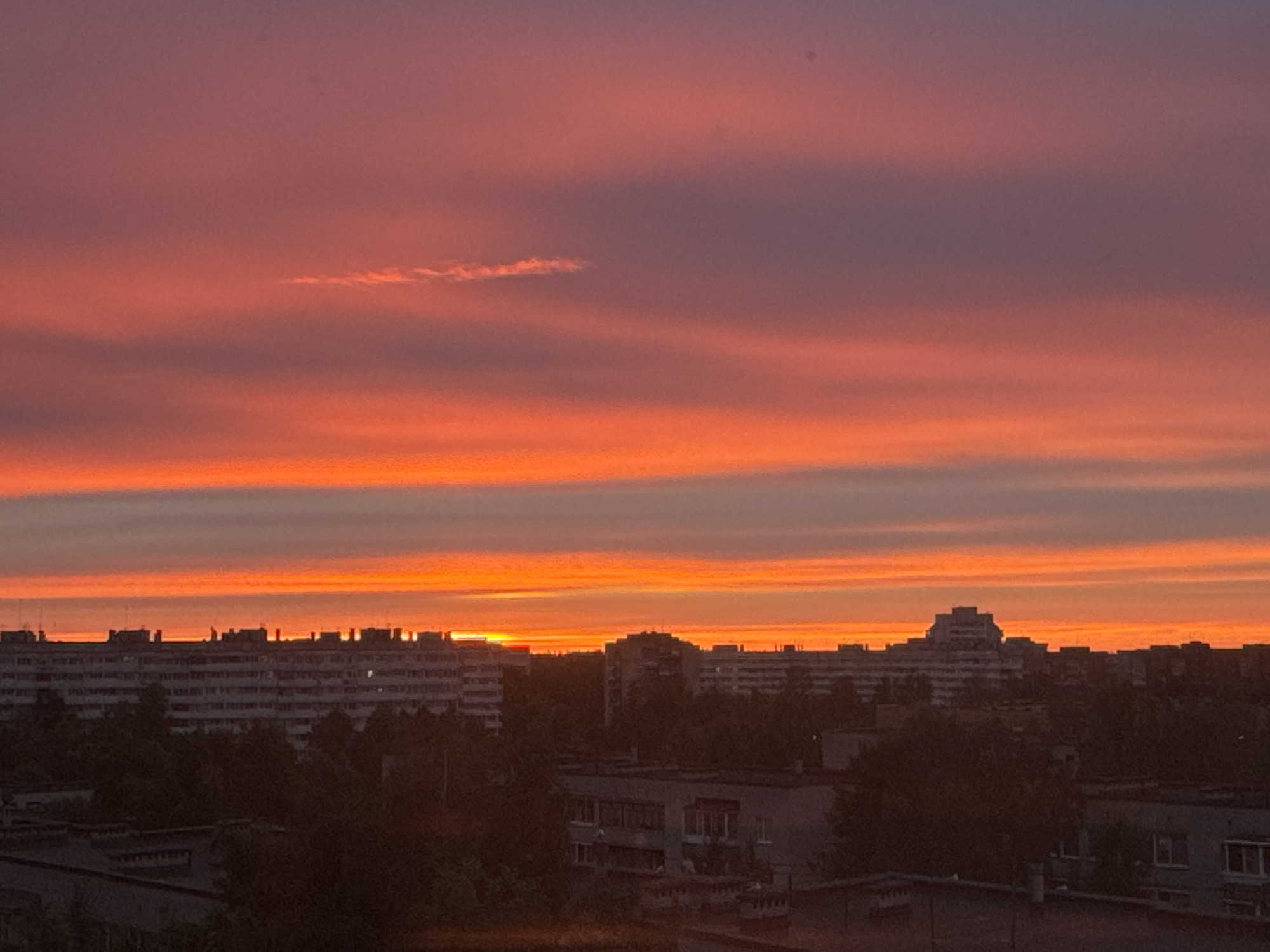 A vibrant sunset paints the sky with hues of orange and pink over the city of Sosnoviy Bor, Russia. The sky is dominated by layers of intense orange near the horizon, transitioning into softer pinks and purples higher up, with a single wispy cloud stretched horizontally. Below the dramatic sky, the silhouettes of buildings and trees create a dark, contrasting foreground. The urban landscape is characterized by numerous multi-story apartment buildings, some with distinctive architectural features like stepped facades. The overall scene captures a peaceful evening in a residential area of the city.