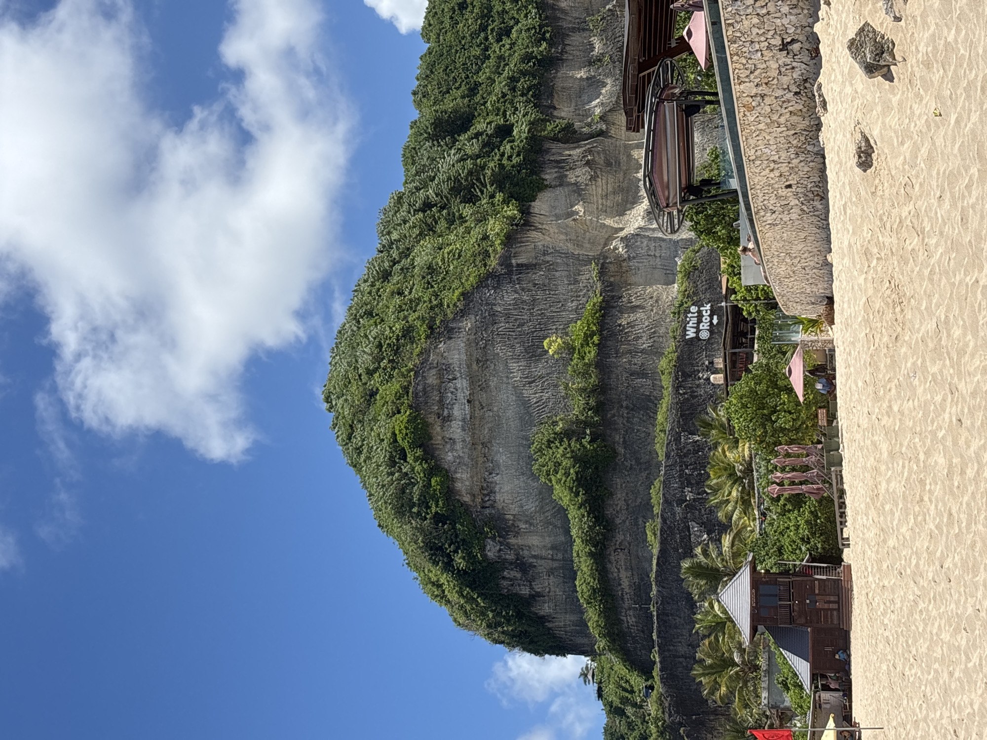 The image shows a cliff covered in lush vegetation in Ungasan, Indonesia. A bright blue sky with scattered white clouds is visible above the cliff. At the base of the cliff, along the shoreline, is a building with the sign "White Rock" on it. Adjacent to the building is a sandy beach. A brown wooden lifeguard tower sits on the beach. Other structures and vegetation dot the scene.