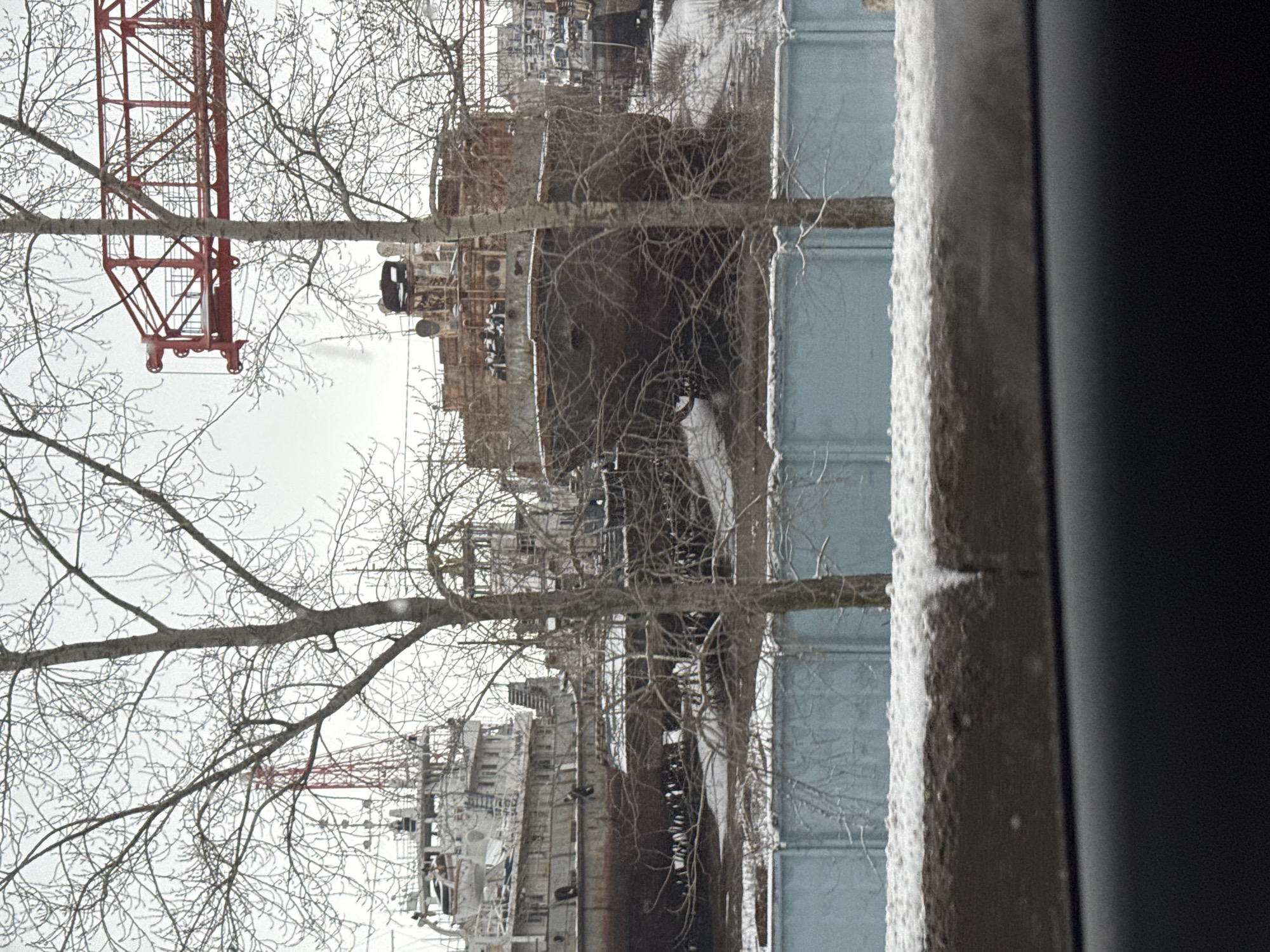 The photograph shows a view from what appears to be indoors, through a window. Bare tree branches are in the foreground, obscuring a cityscape in the background. Industrial structures dominate the scene, including large ships in a shipyard or port. A red crane is partially visible to the left. The scene is washed out with a light-colored sky. The location is Chaikovsky, Russia.