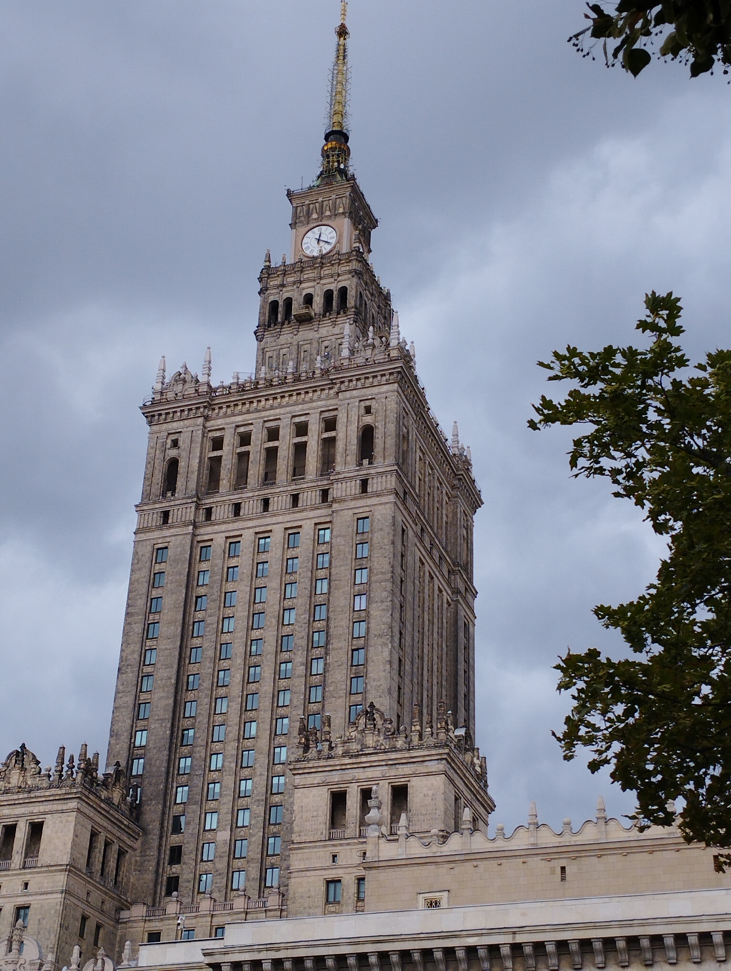 The image shows the Palace of Culture and Science, a notable skyscraper in Warsaw, Poland. The building is a prominent landmark, characterized by its imposing, socialist realist architecture. The facade is constructed of stone, with a grid of numerous windows. At the very top of the building, a spire is visible. The sky is overcast, and a portion of a tree with green leaves is visible in the foreground, framing the right side of the building. The overall scene is static, with no people or apparent activity.