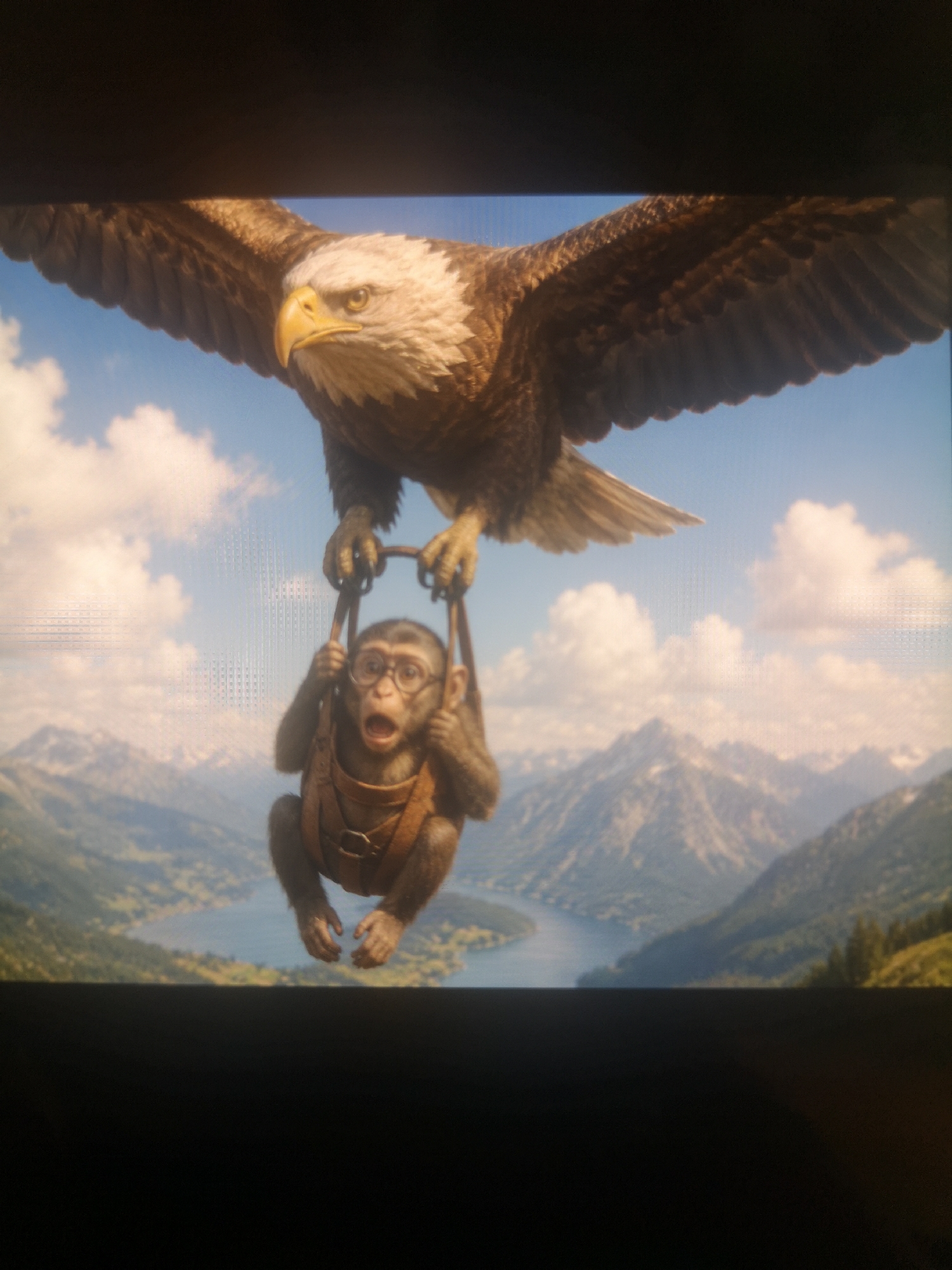 A bald eagle is carrying a monkey wearing glasses and a brown leather harness by the straps. The monkey is visibly surprised and has its mouth open. The background shows a landscape with mountains, a river, and a cloudy sky. The location is indeterminate.