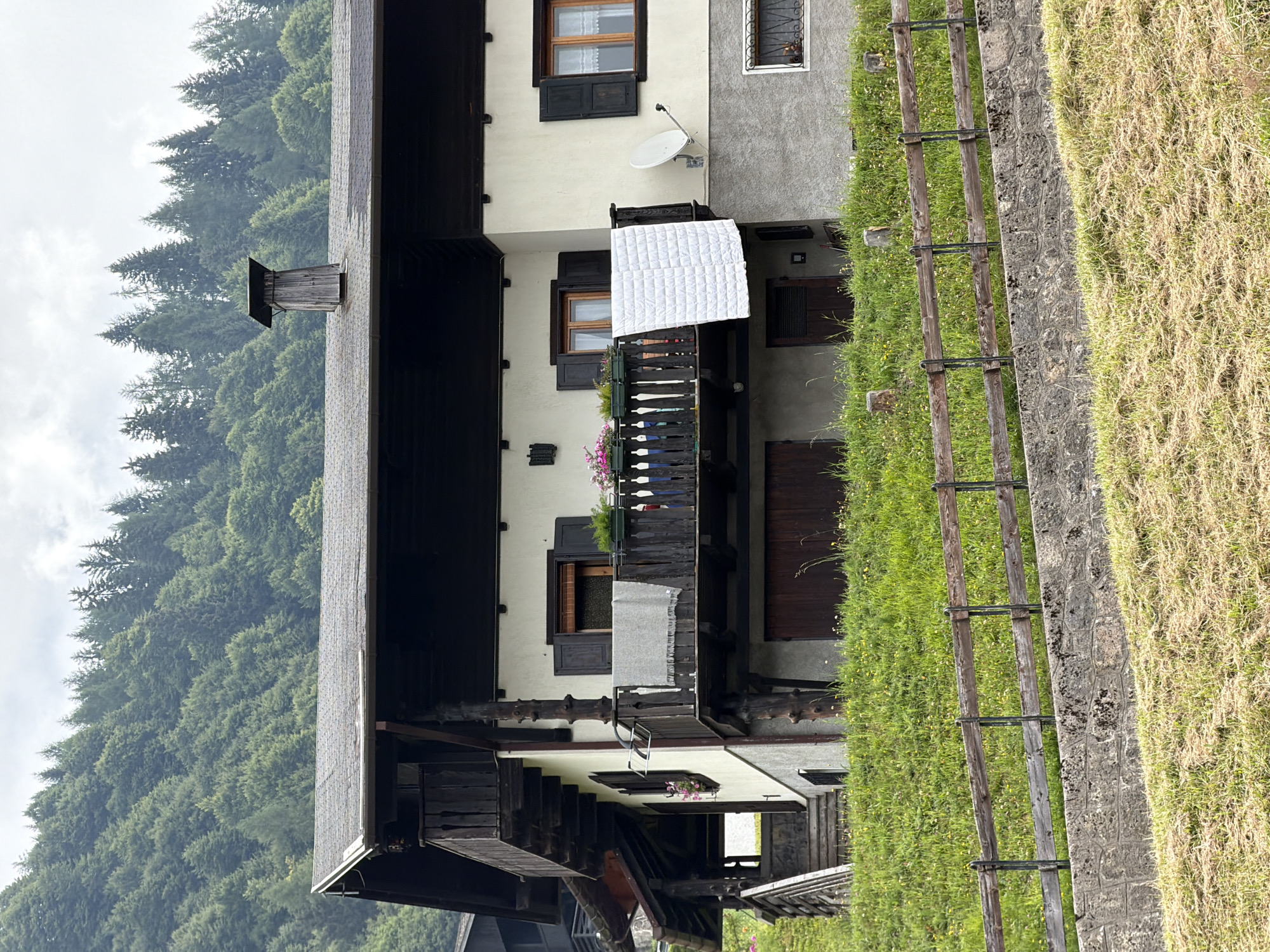 The image depicts a rustic, multi-story building in Sauris / Zahre, Italy. The architecture features dark wooden eaves, balconies, and supports, contrasting with a pale yellow facade. A dark wooden balcony runs across the upper level, adorned with potted plants and a white quilted blanket draped over its railing. Several windows with dark shutters are visible, some with white lace curtains. A satellite dish is mounted on the exterior wall. A wooden fence with metal posts runs horizontally in the foreground, separating the property from a grassy slope dotted with small yellow flowers. Beyond the building, a dense forest of evergreen trees covers a steep hillside, under a cloudy sky. The scene conveys a sense of traditional alpine living in a natural, mountainous setting.