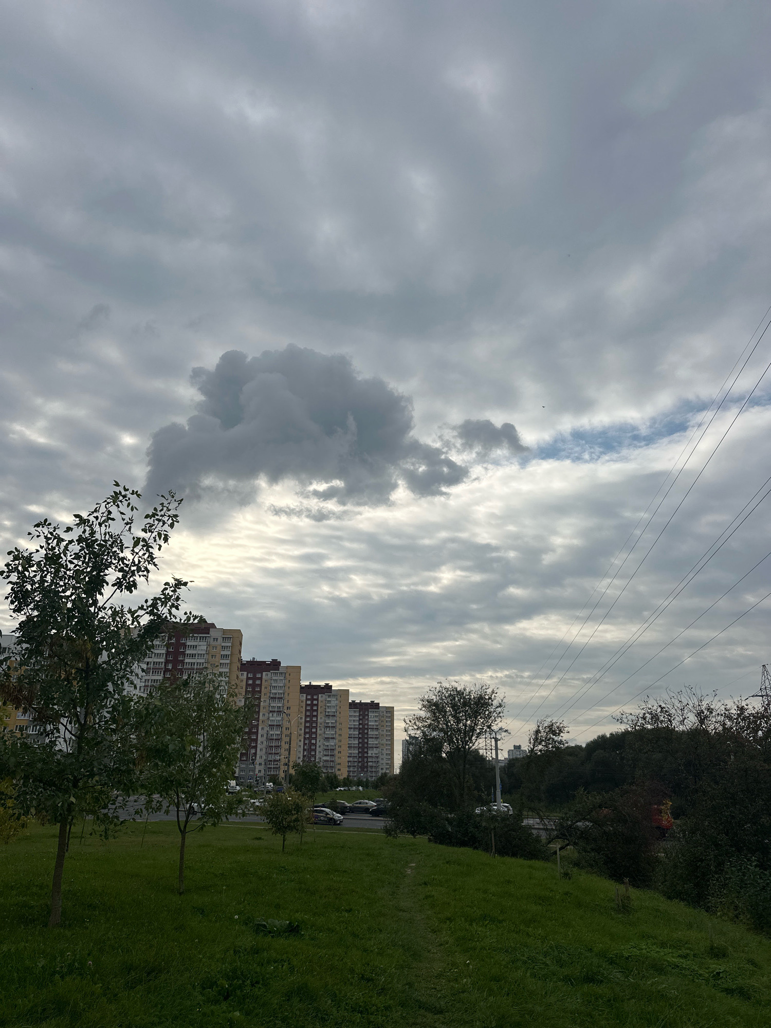 The image depicts a grey, overcast sky with scattered clouds over a residential area in Minsk, Belarus. In the background, several multi-story apartment buildings with predominantly yellow and red facades are visible. A line of dark green trees and lush green grass occupy the foreground and mid-ground. Several cars are parked or driving on a road that runs behind the grassy area. Overhead power lines stretch across the upper right portion of the frame. The overall atmosphere is calm and subdued, likely during the daytime.