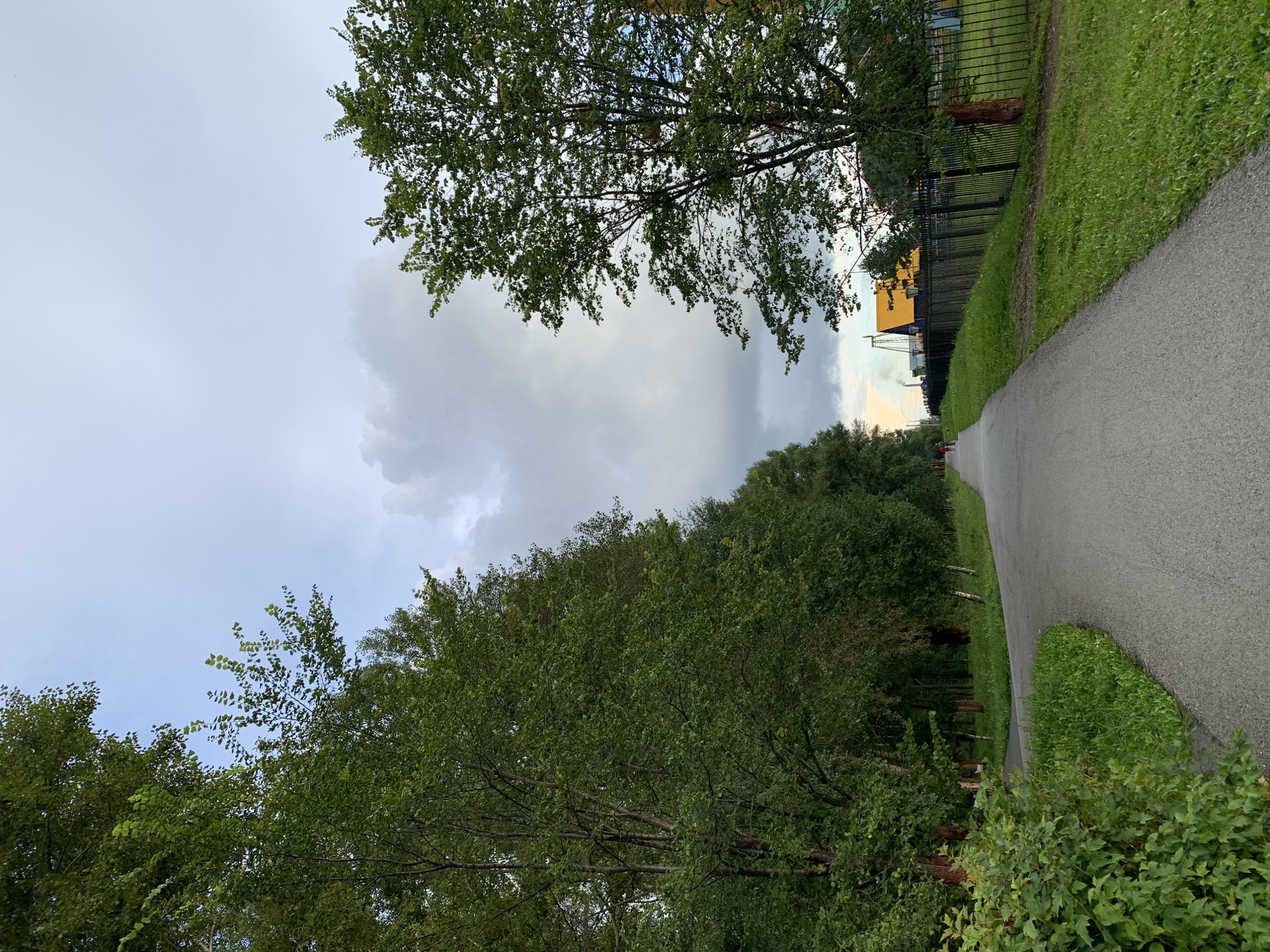 The image depicts a paved pathway winding through a green, treelined area. On the left, a dense row of tall trees forms a natural boundary. On the right, a black metal fence runs along the path, separating it from a grassy area with scattered trees. In the distance, behind the fence, a bright yellow building with a blue roof is visible, along with other structures and playground equipment. The sky is overcast with dramatic clouds. Two figures, appearing to be people walking, are visible in the distance on the pathway. The overall scene suggests a park or recreational area in an urban setting. This location is identified as being in Prokopyevsk, Russia.