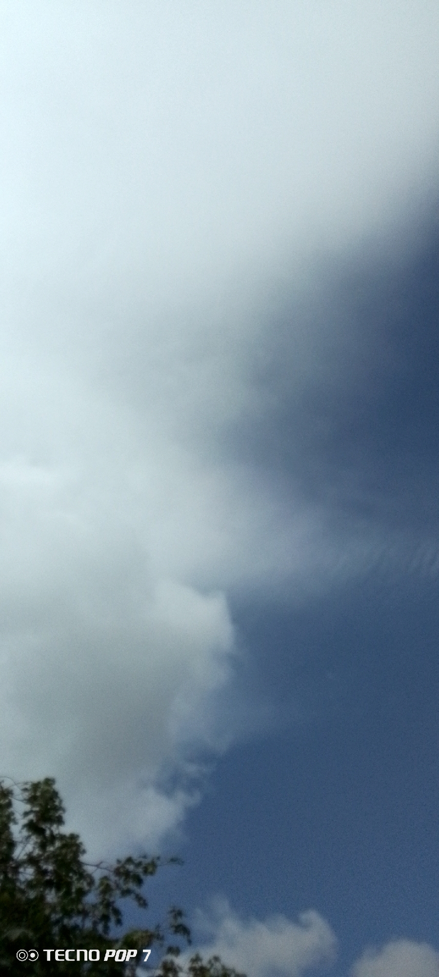 The image shows a sky with clouds above some trees. The bottom left corner of the image contains a watermark that reads "TECNO POP 7". The sky is predominantly blue with white clouds, some of which are dense and white, while others are wispy and gray. The trees are green and leafy, appearing to be in the foreground. The lighting suggests it is daytime. The image does not provide any specific visual cues to determine its location within Altagracia, Venezuela.