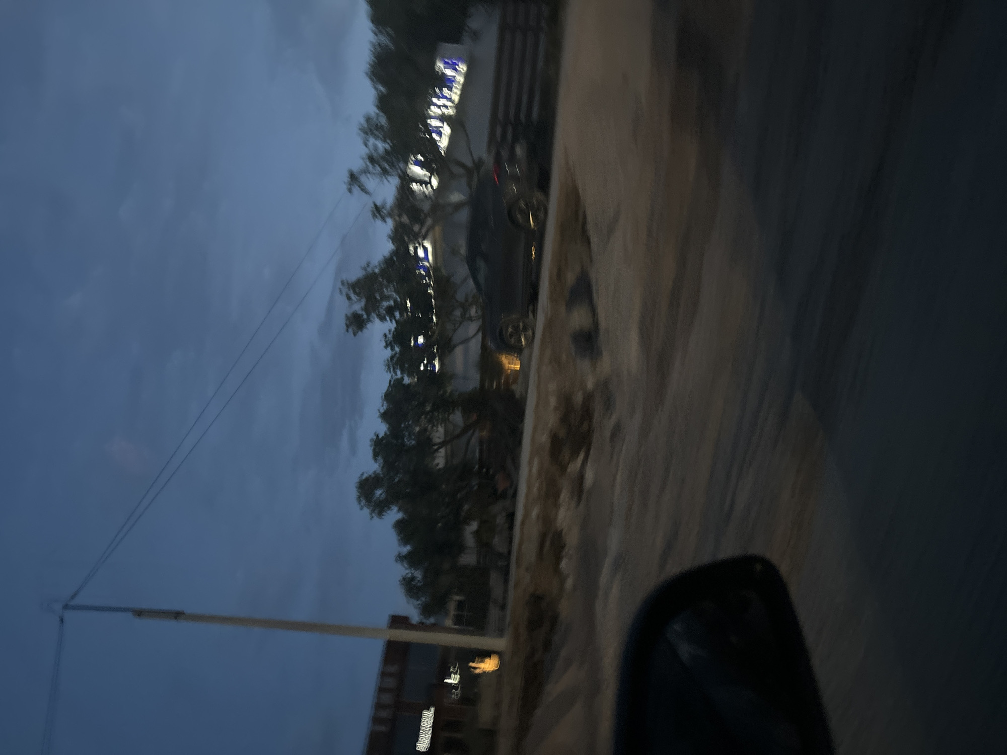 The image shows a street scene at dusk or night in Lastva Grbaljska, Montenegro, as viewed from inside a moving vehicle. On the right, the road surface is visible, with some dirt or debris along the edge. In the bottom right corner, the edge of a dark car side mirror is visible. Across the street are trees, buildings with illuminated signage, and a parked car. A utility pole and wires are visible against the dark sky.