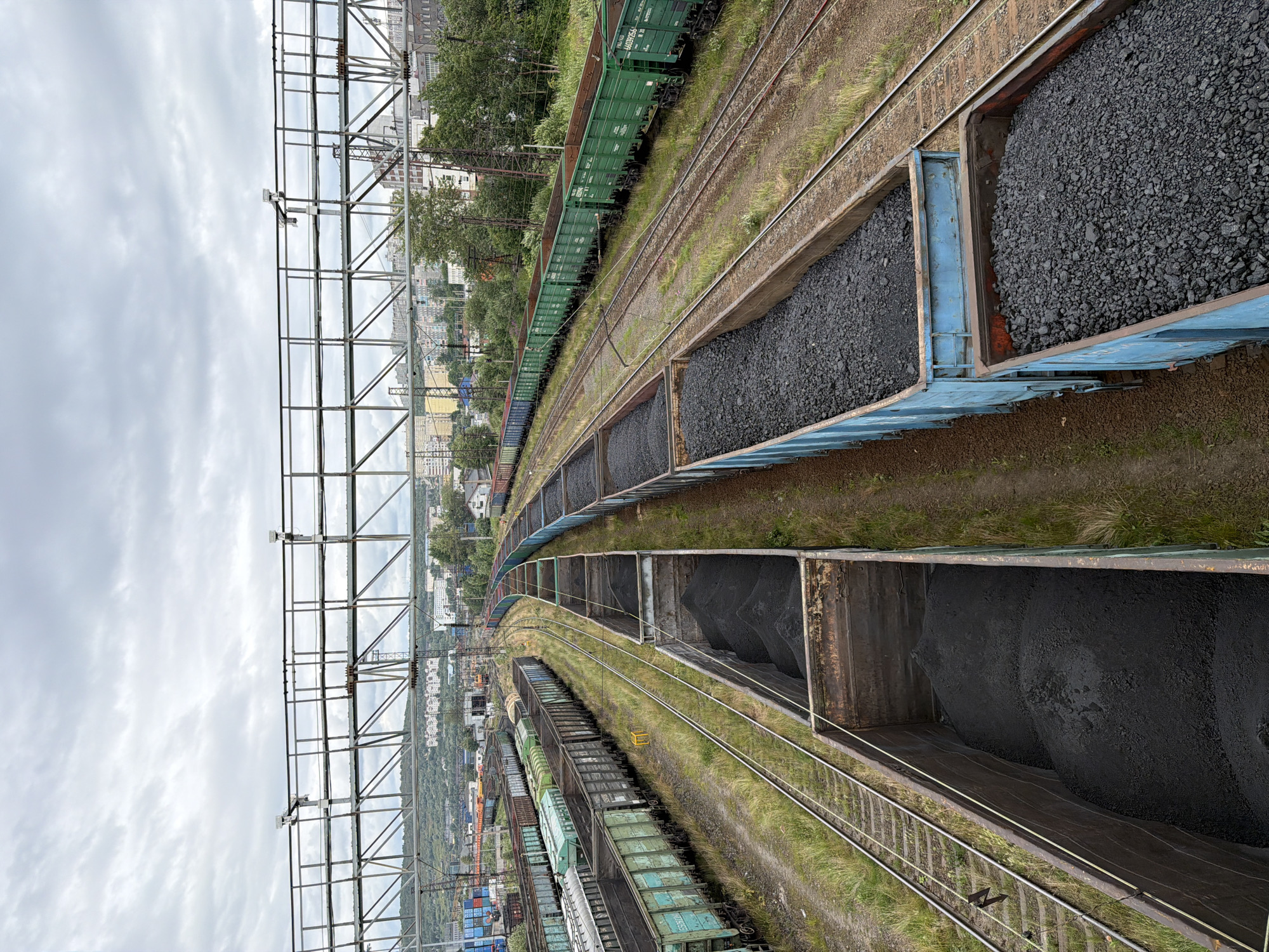 This is a high-angle, wide shot of a vast industrial railyard filled with freight cars, likely located in Murmansk, Russia, under a cloudy sky. The foreground features several open-top freight cars loaded with dark, granular material, appearing to be coal. Some cars are a dark, weathered metal, while others are painted a bright blue. Behind these, more rows of freight cars stretch into the distance, some loaded with similar dark material, and others appearing empty or containing other cargo. A significant portion of the cars are painted a distinctive green. The railyard is characterized by numerous parallel train tracks winding through the scene. In the background, a city skyline with buildings of various heights and architectural styles is visible, nestled against a backdrop of green, hilly terrain. Overhead, a complex metal structure, possibly a gantry crane or overhead power lines, dominates the upper portion of the image. The overall impression is one of a busy, functional industrial hub.
