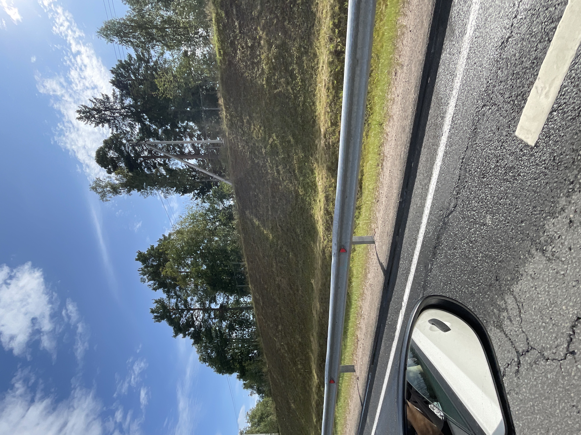 An outdoor, daylight, medium shot captures a view from a moving vehicle traveling along a paved road. In the foreground, the cracked asphalt road surface is visible, marked by a white lane line and a segment of a white rectangular road marker. To the left, the edge of a white car door and its black-rimmed side-view mirror are in the frame. The mirror reflects a person's arm and shoulder. A metal guardrail, with red reflectors, runs parallel to the road, separating it from a grassy embankment. The embankment is covered in green grass and some dry patches, and topped with a line of mature coniferous trees and deciduous trees. The sky above is blue, with scattered white clouds. The scene appears to be located along a highway or major road in Beryozovo, Russia.
