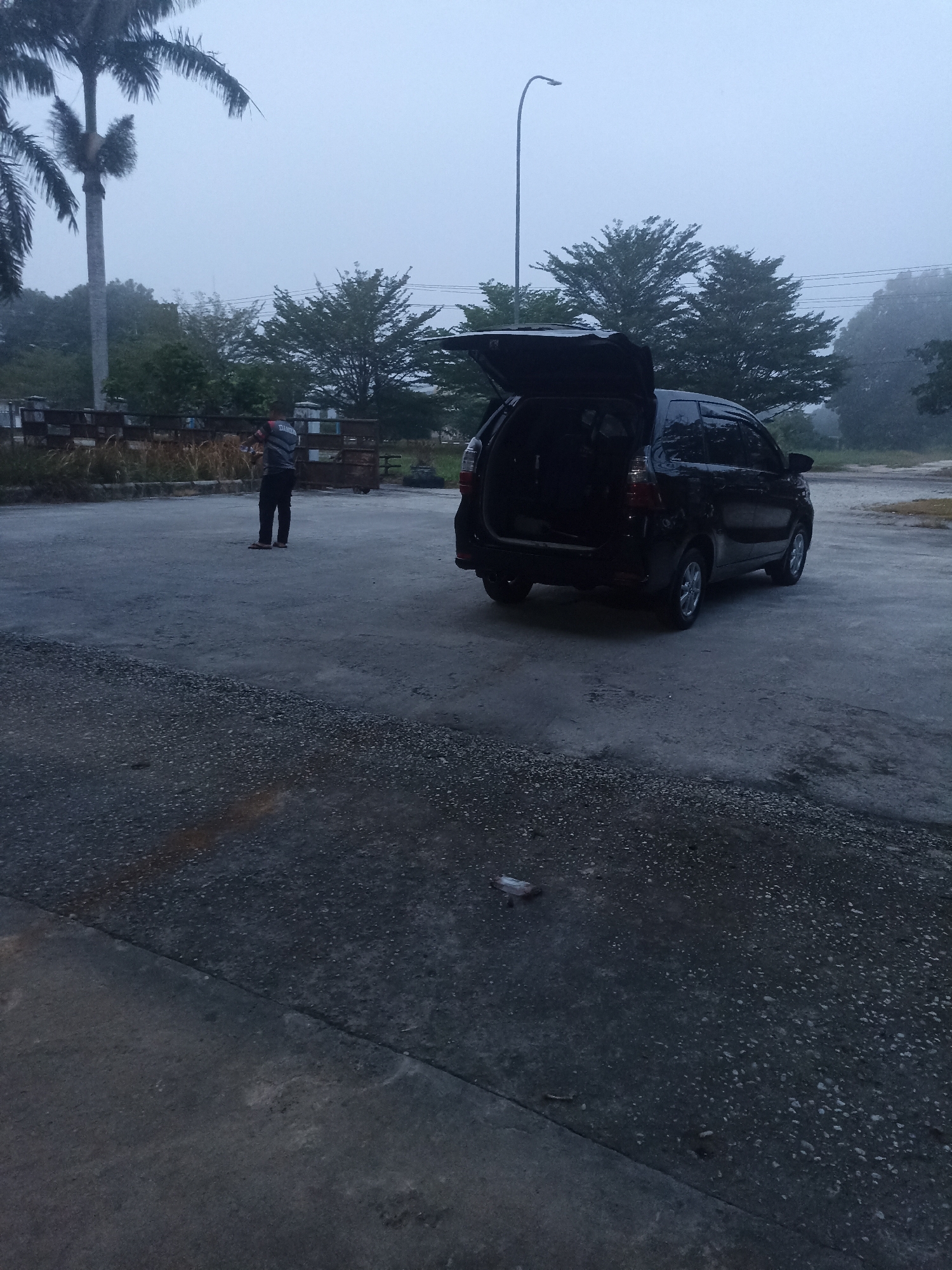A black minivan with its rear hatch open is parked on a grey, wet asphalt surface. A person wearing a dark shirt with white lettering and dark pants stands near the open hatch, facing away from the camera, appearing to be interacting with the contents of the vehicle. In the background, a tall palm tree is visible on the left, with other trees and a street lamp further back. The overall atmosphere suggests a humid or misty environment, possibly indicative of rain or fog. The location is identified as Kampung Tengah, Indonesia.