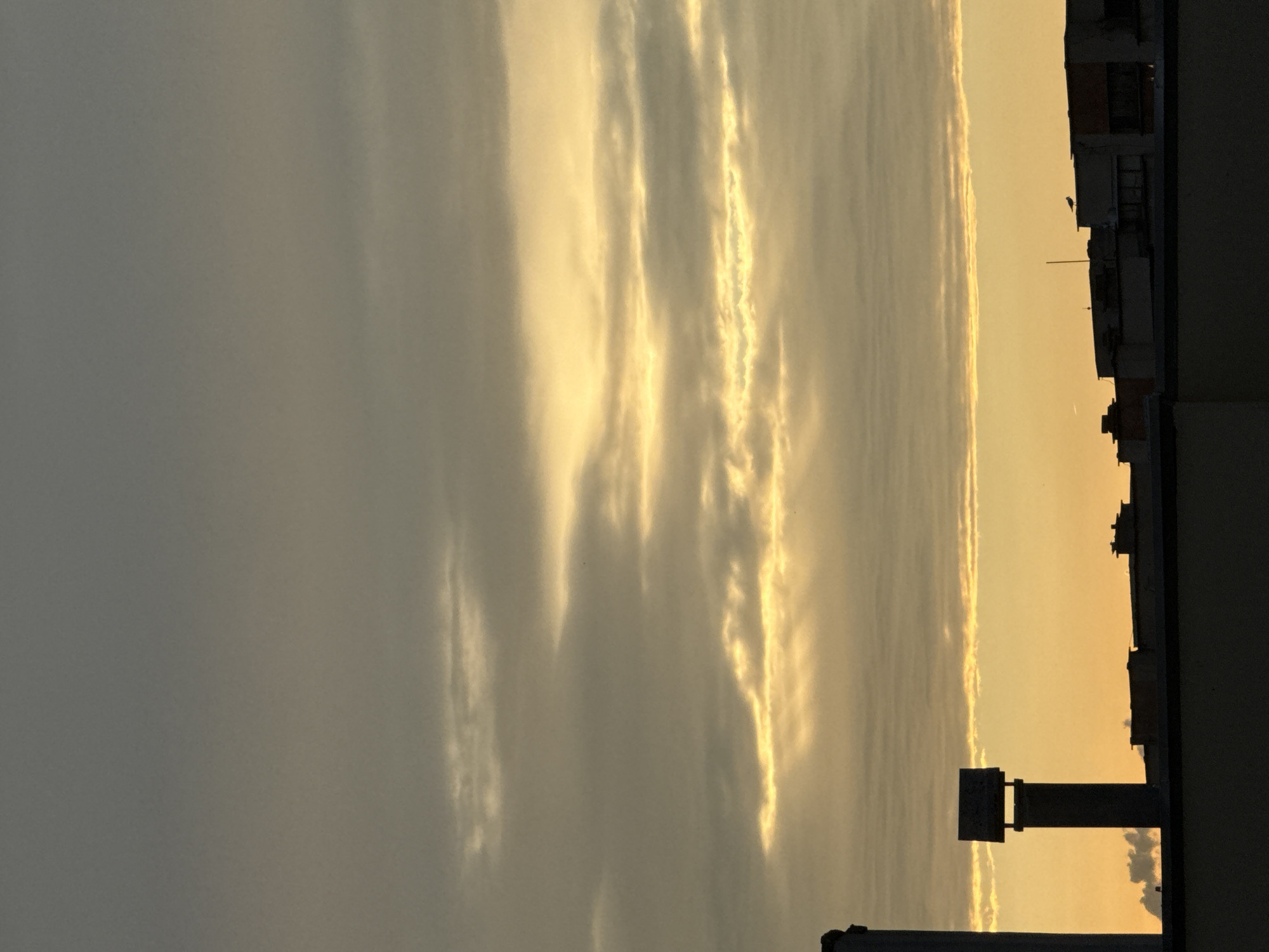 The image captures an urban skyline at either sunrise or sunset, presenting a sky dominated by clouds illuminated with golden light. The upper two-thirds of the frame show a cloudy sky, transitioning from darker grey-blue tones at the top to warmer yellows and oranges towards the horizon. Several distinct horizontal cloud formations are brightly lit from below or behind by the sun, creating prominent streaks of radiant golden light across the mid-section of the sky. The lowest third of the image consists of the dark, silhouetted profiles of multiple urban buildings, primarily their flat rooftops.
Visible details within the silhouette include a tall, slender, dark vertical pipe or structure extending upwards on the far left edge of the frame. To its right, a prominent, dark chimney-like structure with a rectangular cap stands out against the brighter sky. Further along the rooftops to the right, various smaller, indistinct dark rectangular and square structures are present. On the roofline towards the far right, a small, dark silhouette of a bird is perched. A faint, almost imperceptible linear streak, possibly a distant aircraft contrail, can be observed in the upper right quadrant of the sky. The lighting is strong backlighting, casting the buildings and rooftop elements into deep shadow and emphasizing the luminous clouds. There are no people visible. The environment is typical of an urban setting with multi-story buildings. There are no discernible visual cues within the image itself that specifically identify the location as the city of Pleven, Bulgaria; the scene is characteristic of many urban landscapes.