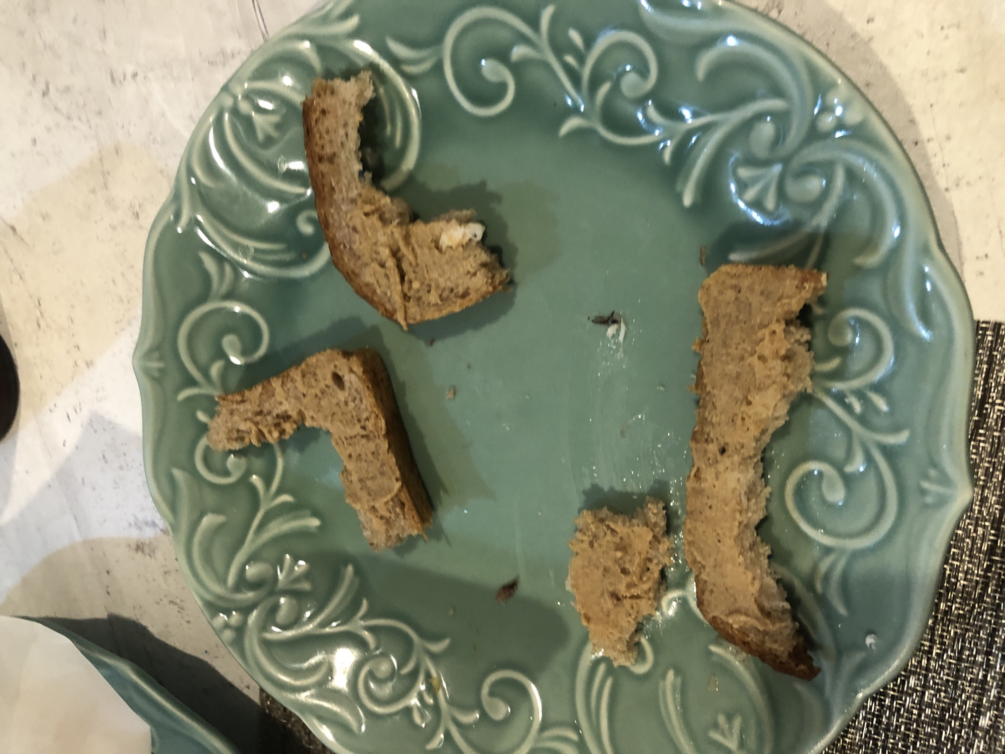 A teal-colored plate with ornate scrollwork contains four broken pieces of bread. The bread pieces are irregularly shaped and appear to be whole wheat. One piece of bread is in the upper left quadrant of the plate, shaped like an "L". Another piece is in the upper right quadrant. A smaller, more crumbly piece is in the lower left quadrant. A longer piece with a bite taken out of it is in the lower center of the plate. The plate is resting on a textured surface, possibly a placemat. The background is blurred and appears to be a light-colored surface with some shadow. The image is taken from a top-down perspective.