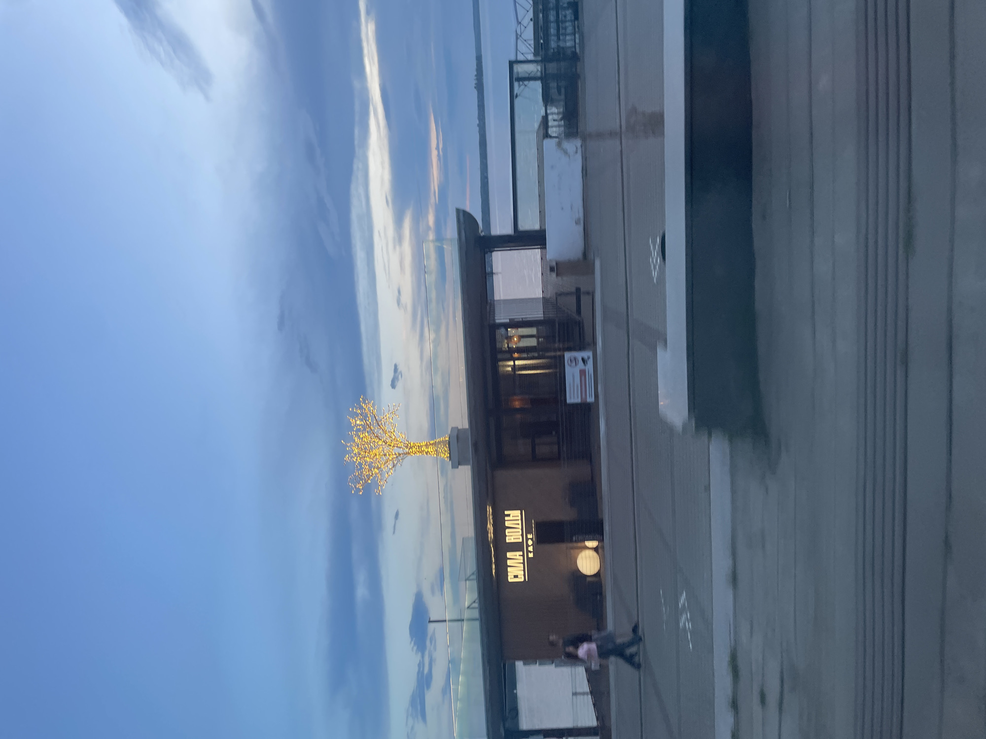 This media file depicts an outdoor scene at dusk, likely in Votkinsk, Russia. The sky is a deep blue with streaks of lighter clouds, suggesting the transition from daylight to evening. In the foreground, a modern building with glass elements appears to be a cafe or restaurant. The building features illuminated signage with Cyrillic text. One prominent sign reads "СИЛА ВОЛН" (SILA VOLN), which translates to "Wave Power" or "Strength of Waves." Below this, smaller text reads "КАФЕ" (KAFE), confirming it is a cafe.
A distinctive feature of the scene is a decorative tree illuminated with numerous small, bright yellow lights. This light-covered tree stands prominently, adding a whimsical touch to the urban setting. The ground is paved, and a sidewalk or promenade runs alongside the building.
Two individuals are visible, one of whom is walking away from the camera, while the other is further down the path. Their presence suggests a relatively calm, everyday activity, perhaps people enjoying an evening stroll or leaving the establishment. The overall atmosphere appears tranquil, with the soft light from the tree and building casting a warm glow against the fading daylight. The scene is likely set by a body of water, as indicated by the expanse of calm water visible in the background, beyond the building.