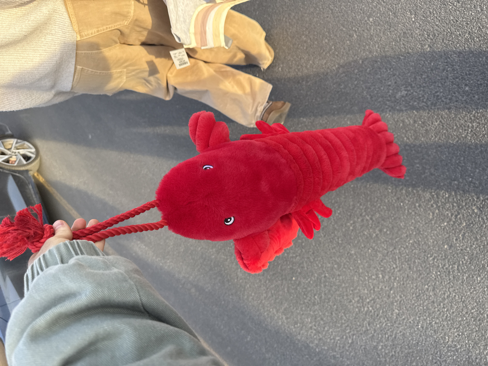 The image shows a person holding a red plush lobster toy with red rope "antennae" in an outdoor setting. The background is a gray, textured surface resembling pavement. In the upper left corner, parts of clothing are visible, including a tan jacket and a beige sweater. A stroller wheel is also visible in the lower left. The setting does not provide any indication that it is in the city of Montreal, Canada.