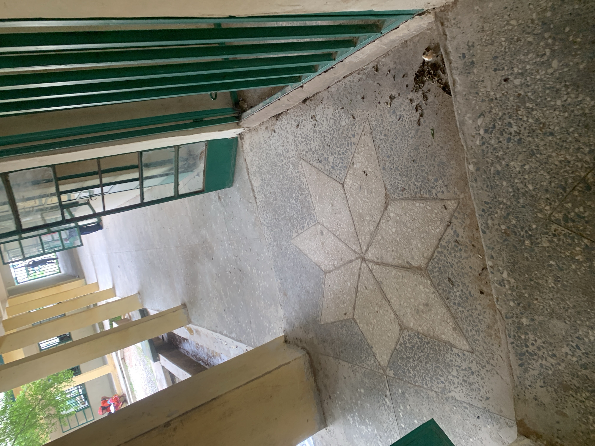 The image depicts a concrete walkway in what appears to be an institutional setting, possibly a school or public building, located in Jalingo, Nigeria. The walkway features a decorative star pattern inlaid with lighter-colored tiles against a speckled grey concrete background. To the right, a series of vertical green metal bars form a gate or fence, partially obscuring a view further down the walkway. The area shows signs of wear and tear, with dirt and debris scattered on the ground, particularly near the green bars. In the background, through an open doorway with glass panes, a silhouette of a person can be seen standing. The architecture includes substantial concrete pillars supporting an overhead structure. The lighting suggests it is daytime, with shadows cast by the pillars.