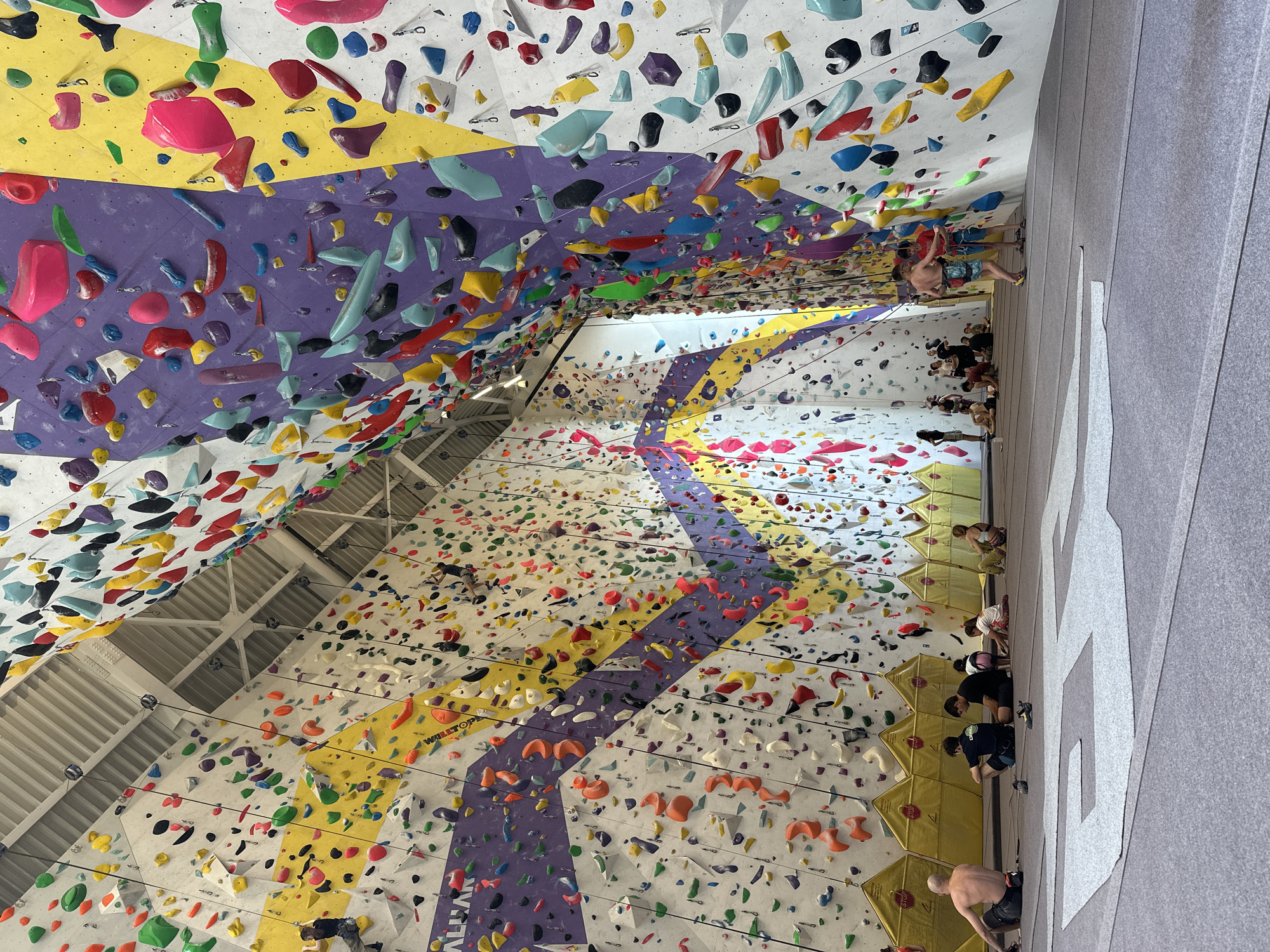 The image captures the interior of a bouldering gym in Unknown, Unknown, featuring multiple climbing walls covered in a dense array of colorful climbing holds. The holds are distributed across sections defined by different colored backgrounds, including white, yellow, and purple. Several people are visible on the right side of the image, some climbing the wall, others standing or sitting near its base. The lighting appears bright and even, illuminating the entire space. A grey wall with climbing holds is on the right. The holds appear to be made of various materials and shapes.