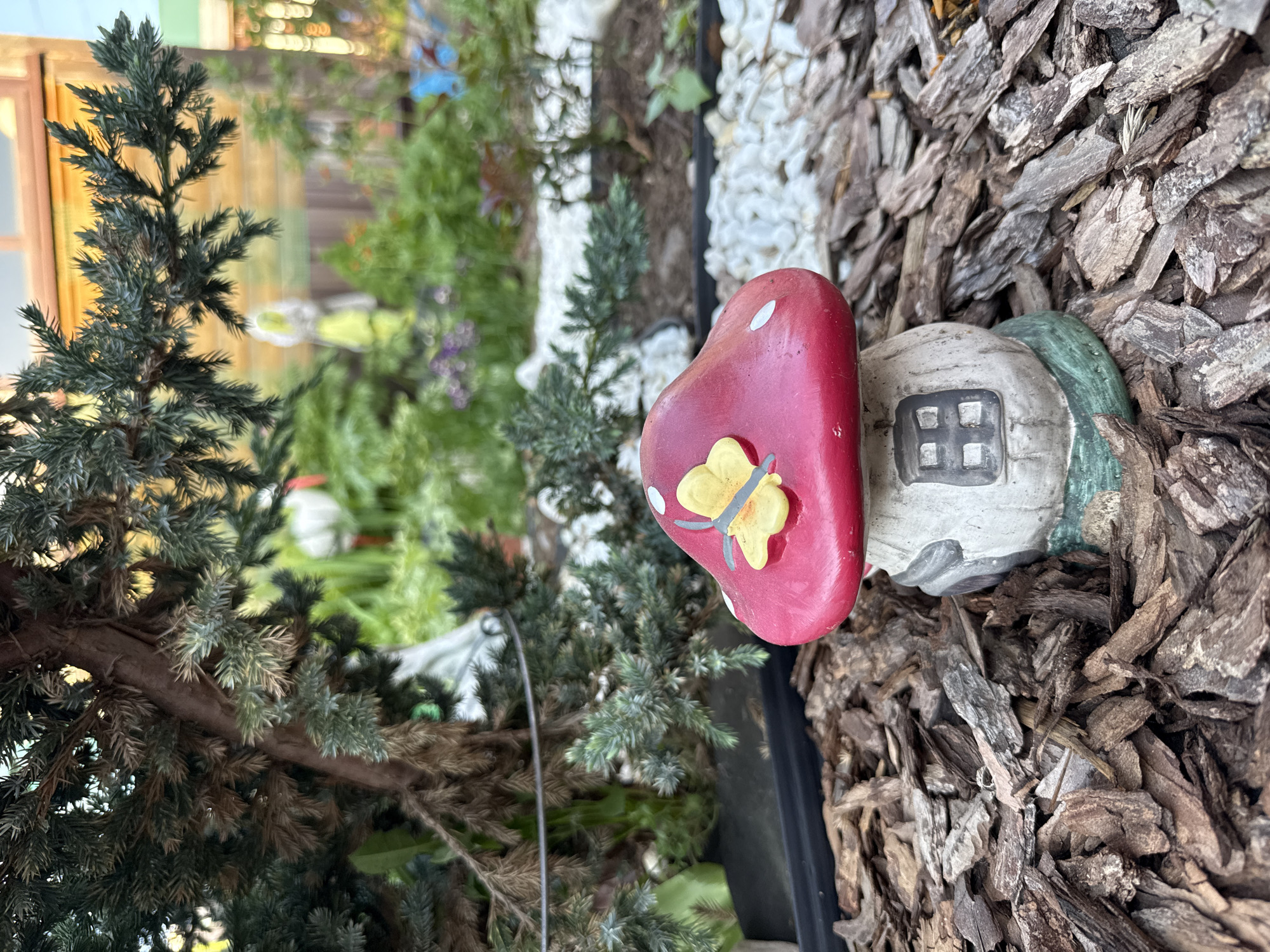 The image shows a garden setting. A small, mushroom-shaped garden ornament with a red cap decorated with a yellow butterfly is partially embedded in wood chips. The mushroom has a base resembling a small house with a window. Behind the mushroom are green coniferous plants, possibly small evergreen trees. In the blurred background, more greenery, white gravel, and a building with a wooden frame are visible. It is not possible to confirm the location as the city of Votkinsk, Russia, as there are no specific features that would definitively associate it with that location.