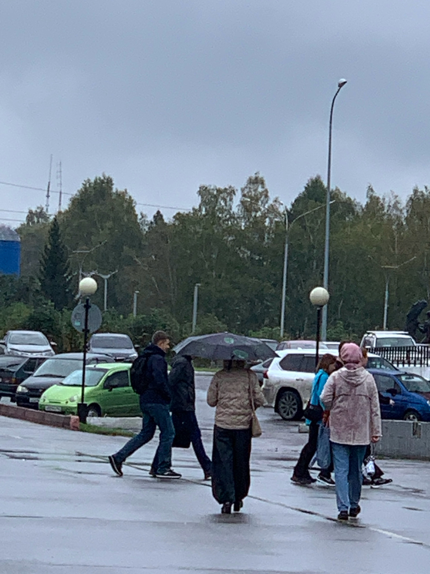 The image captures a rainy day scene on a city street in Prokopyevsk, Russia. Several people are walking across a wet asphalt road, some under umbrellas. In the foreground, a person holding a dark umbrella is walking away from the camera. To their left, another person with a backpack is walking in the same direction. Further ahead, two individuals are walking towards the camera, one with a pink headscarf. In the background, various cars are parked, including a green car in the middle ground. Trees line the street, with a cloudy sky overhead. Streetlights are visible, one with a spherical lamp. The environment suggests a typical urban setting during inclement weather.