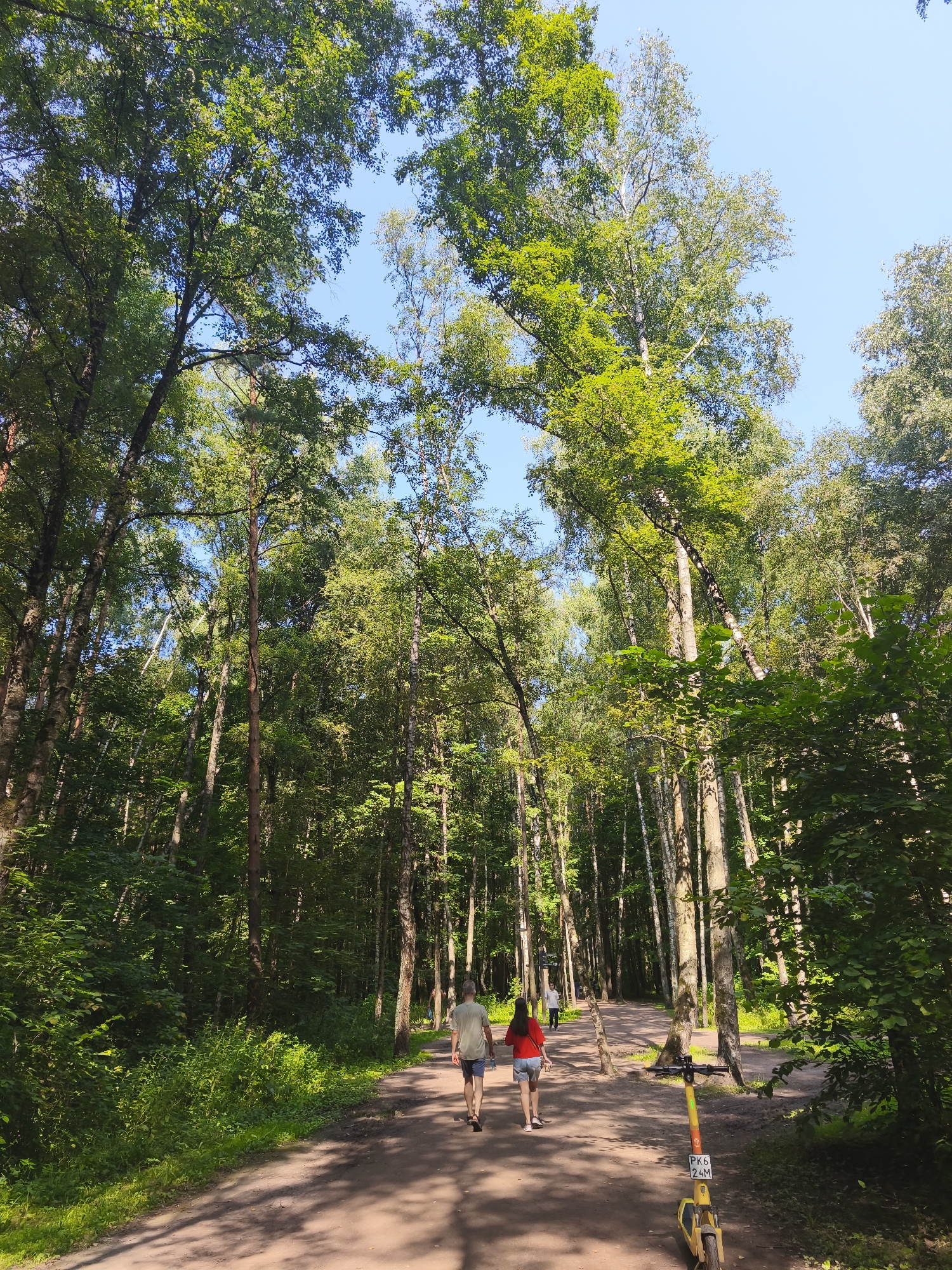 The image depicts a shaded pathway in a park, likely in Moscow, Russia, given the context provided. Sunlight filters through the dense canopy of tall trees, casting dappled shadows on the dirt path. Two individuals, a man and a woman, are walking away from the camera down the path. The man is wearing a light-colored t-shirt and shorts, while the woman is in a red top and denim shorts. Further down the path, another person is visible walking in the same direction. In the foreground, to the right, a yellow electric scooter is parked, its license plate reading "PK6 24M". The surrounding environment is lush with greenery, with trees lining both sides of the path and dense foliage on the left. The sky is a clear blue, visible between the branches of the trees.