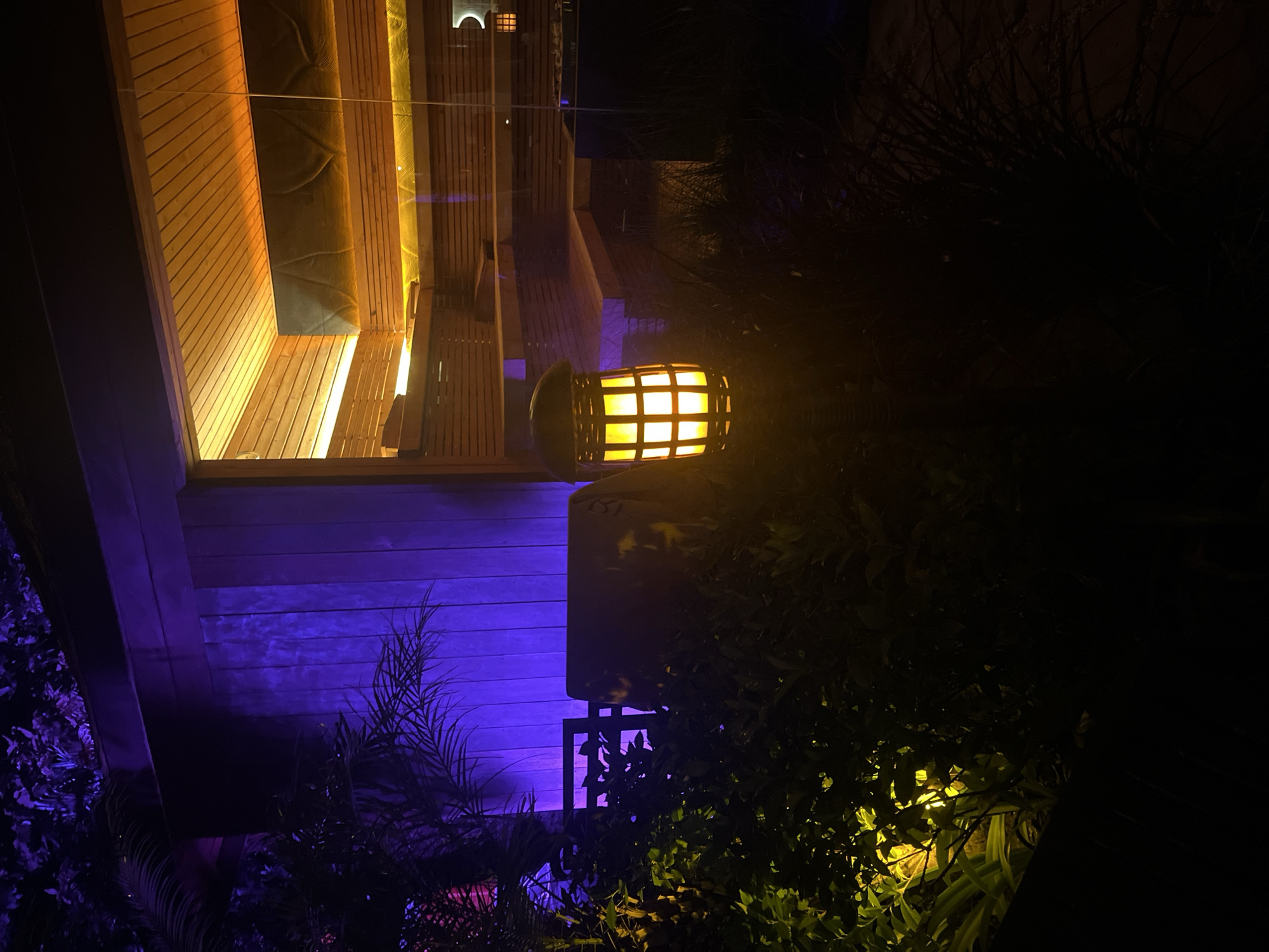 The image displays an outdoor evening scene, likely at a resort or spa in Mengwi, Indonesia, characterized by vibrant artificial lighting and lush greenery.
In the upper left, a contemporary wooden structure is visible, illuminated from within by a warm, yellow-orange light. This interior features multiple levels of smooth, horizontally paneled wood, resembling benches or steps, indicative of a sauna or relaxation space. Linear lights accent these wooden surfaces, and a subtle textured pattern can be seen on a wall further back. A clear glass railing separates this interior from the outdoor area.
Below this warm-toned interior, the exterior wooden siding of the same or an adjacent building is dramatically lit with a cool purple hue, creating a striking color contrast.
A prominent object in the mid-right is an outdoor lamp, designed like a modern torch with a caged or slatted enclosure, emitting a bright yellow-orange glow. It's supported by a dark, understated stand.
The surrounding environment is filled with dense foliage, including palm fronds and various plants. Some of this greenery is subtly highlighted by the ambient purple and yellow lights, while larger sections remain in deep shadow, emphasizing the nighttime setting.
No people are visible, and no specific activities are taking place. The overall mood is tranquil and inviting. There is no discernible text visible in the image.