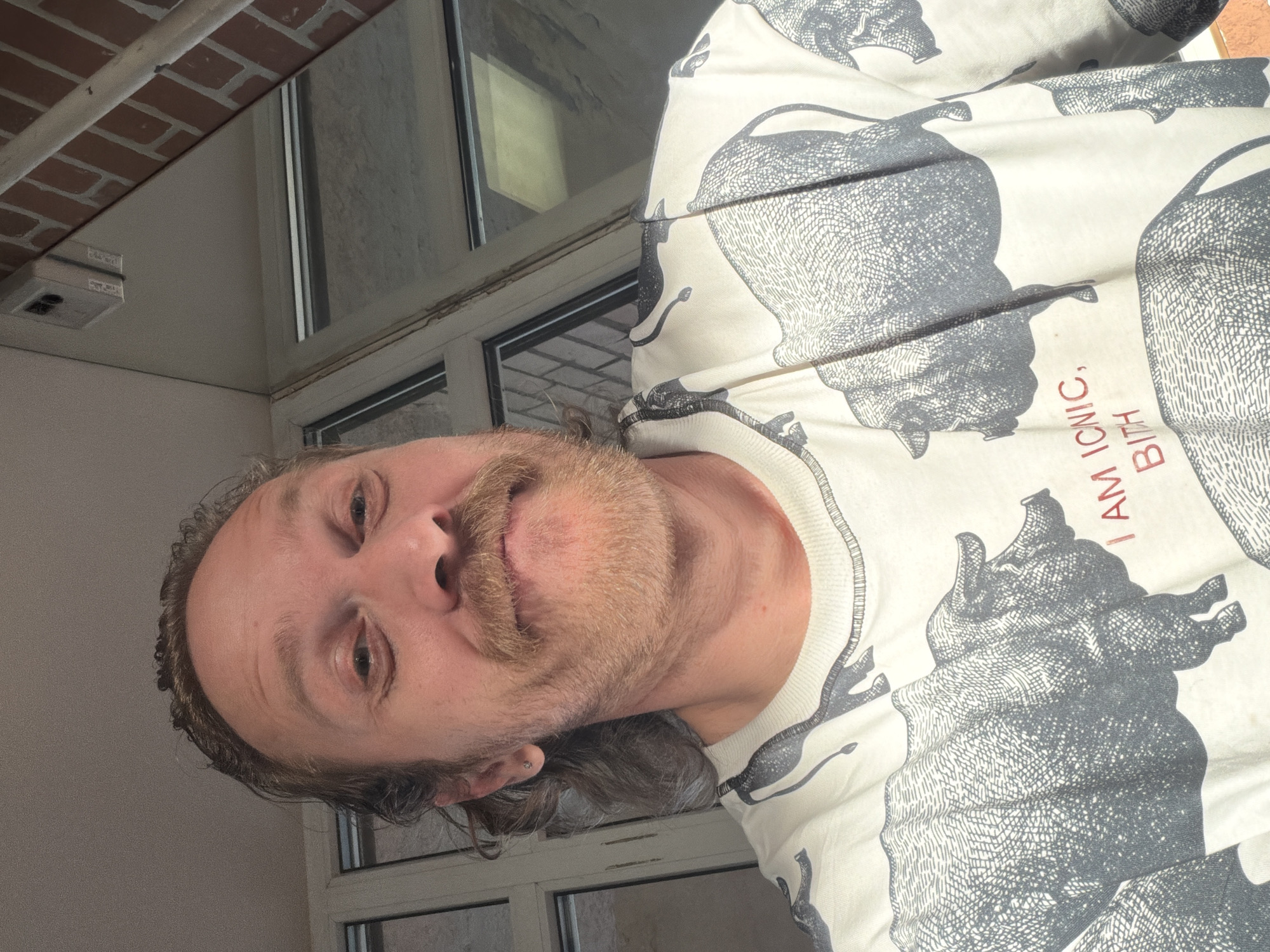 The image shows a Caucasian male with a mustache and beard, wearing a patterned t-shirt with drawings of stylized elephants and the text "I AM ICONIC, BITH" printed on it. He appears to be indoors, with a window and brick ceiling visible in the background. While there is no immediate information indicating this image was taken in Saint Petersburg, Russia, the architectural details of the window and ceiling are not inconsistent with buildings found there. The picture is taken from a low angle, focusing on the man's face and torso.