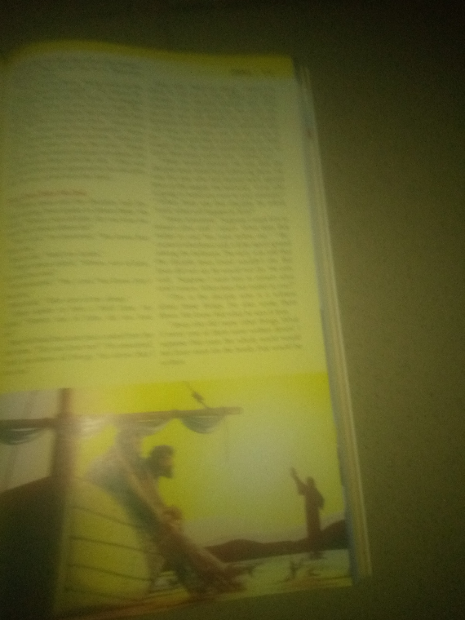 The image shows an open book with text on the left page and a full-page illustration on the right page. The illustration depicts a scene at sea, possibly a biblical or historical event, with a ship in the foreground and two figures in the distance. One figure is on the ship, appearing to be in distress or laboring. The second figure is on land or another vessel in the distance, with arms raised. The overall lighting suggests a sunset or sunrise. The text on the left page is blurred and unreadable, but appears to be from a story or educational material. There is no visible information related to Jauro Yinu, Nigeria in the image.