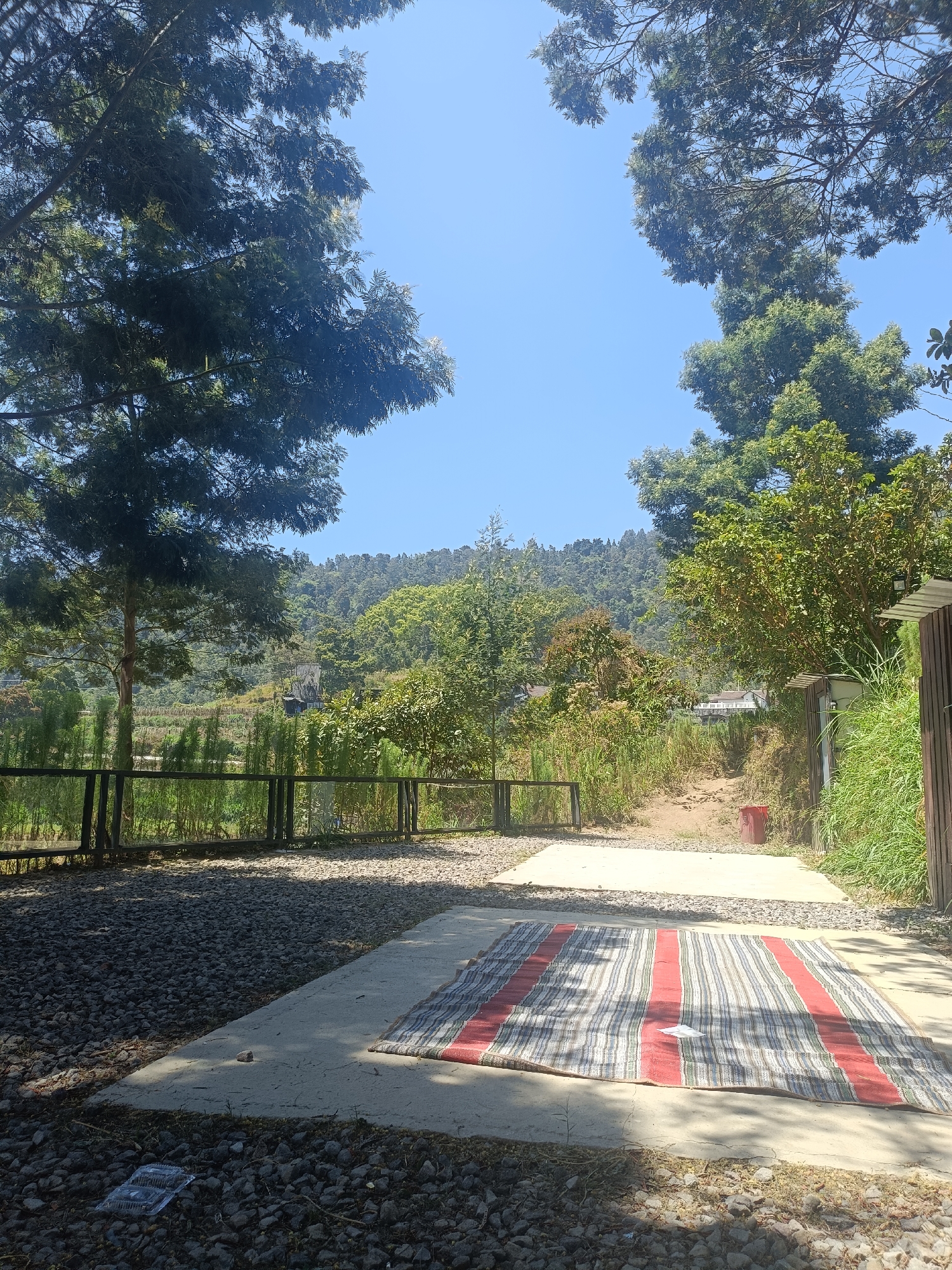 The image depicts an outdoor scene in Kopeng, Indonesia, likely a park or recreational area, on a clear, sunny day. In the foreground, a grey concrete slab is laid out with a striped mat, predominantly red, white, and grey, placed on top. The ground surrounding the slab is covered with dark grey gravel. To the left, a dark metal fence runs horizontally, separating the immediate area from a more vegetated zone with tall green plants. Further in the background, a dirt path leads uphill, with a red cylindrical object, possibly a trash can, placed near its base. The middle ground is characterized by lush green vegetation, including trees and shrubs, and a slightly elevated area with terraced fields or gardens. A simple wooden structure or building is partially visible on the right side of the frame, with long green grass growing around it. The background is dominated by rolling hills covered in dense, green forest. The sky is a vibrant, clear blue. There are no people or animals visible in the image. The scene appears tranquil and natural.