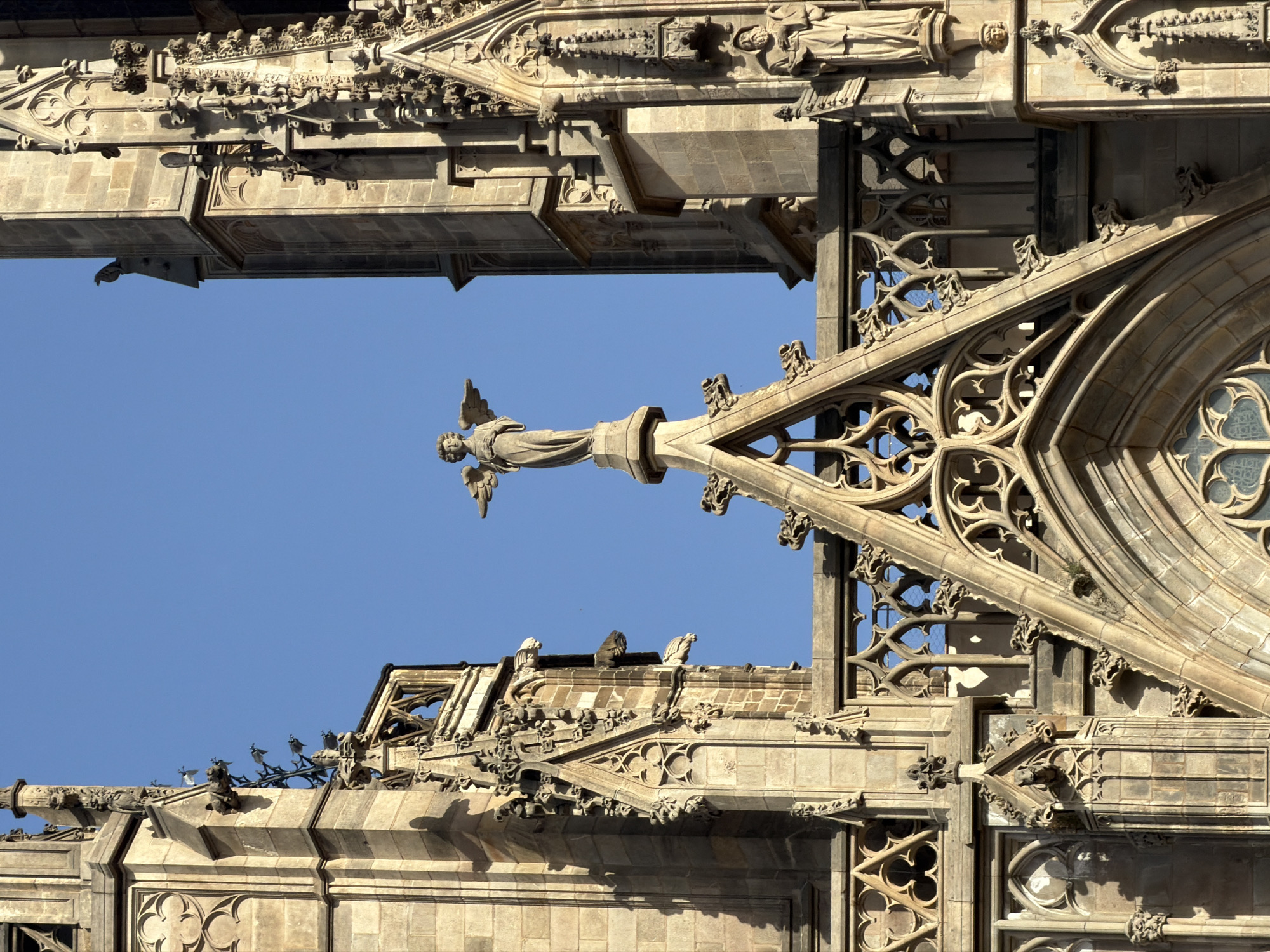 The image shows a close-up view of the facade of the Barcelona Cathedral in Barcelona, Spain, against a clear blue sky. The architectural style is Gothic, characterized by intricate stonework, pointed arches, and decorative elements.
In the foreground, ornate stone tracery forms a pointed arch. Above this, on a pedestal, stands a statue of an angel with outstretched wings, its hands clasped in front of its body. The angel is made of weathered stone, consistent with the age of the cathedral.
The facade features tall, narrow spires and vertical lines typical of Gothic architecture. Gargoyles, designed to channel water away from the building, are visible protruding from various ledges and corners. These are depicted as grotesque, often animalistic or monstrous figures.
To the right of the central angel statue, a figure of a saint or religious figure is visible in a niche, also carved from stone. The stone of the cathedral is a warm, sandy color, showing signs of age and weathering. Shadows cast by the sun highlight the three-dimensional nature of the carvings and architectural elements. The overall impression is one of grandeur and historical significance.