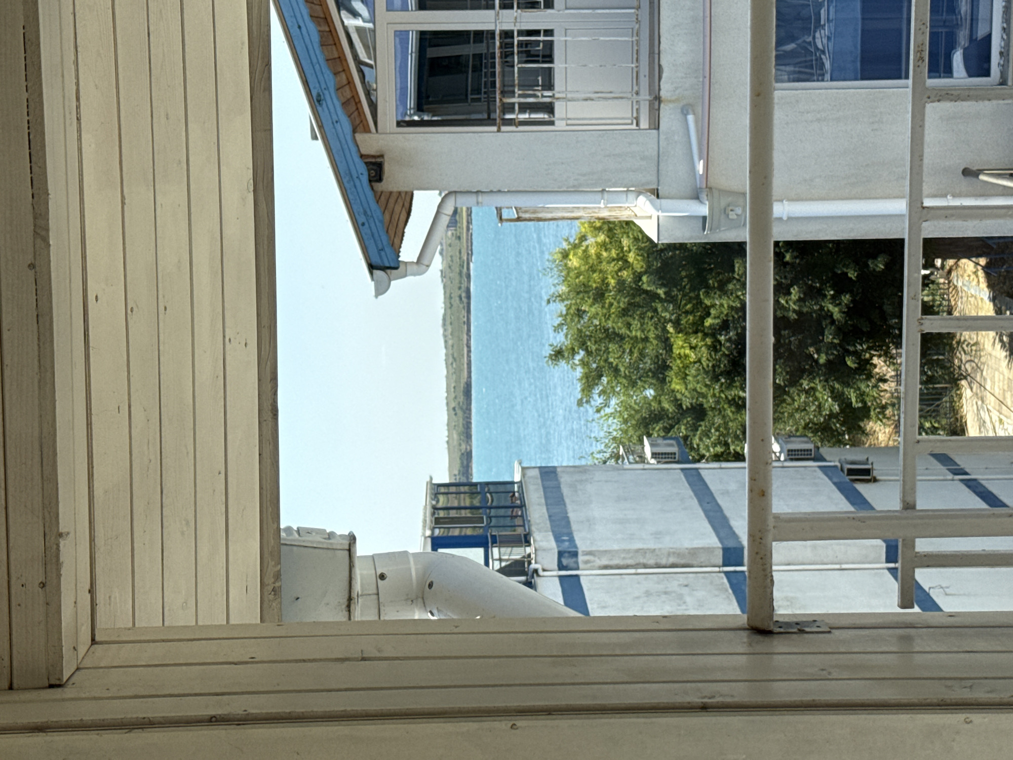 The image captures a view from a balcony or window, looking out towards the sea. In the foreground, a white railing is visible, along with a wooden structure that appears to be part of the building's facade. To the left, a large white pipe runs vertically down the side of a building.
The middle ground features two buildings. The building on the left is tall and white with blue horizontal stripes and a glass enclosure at the top. The building on the right is also white with a blue-tiled roof and a balcony with a white railing. A lush green tree is situated between these two buildings.
The background consists of the bright blue sea and a distant coastline with rolling hills. The sky is clear and blue, indicating a sunny day. The scene is characteristic of a seaside town in Pomorie, Bulgaria, likely a residential area or a hotel with views of the Black Sea. There are no people visible in the image.