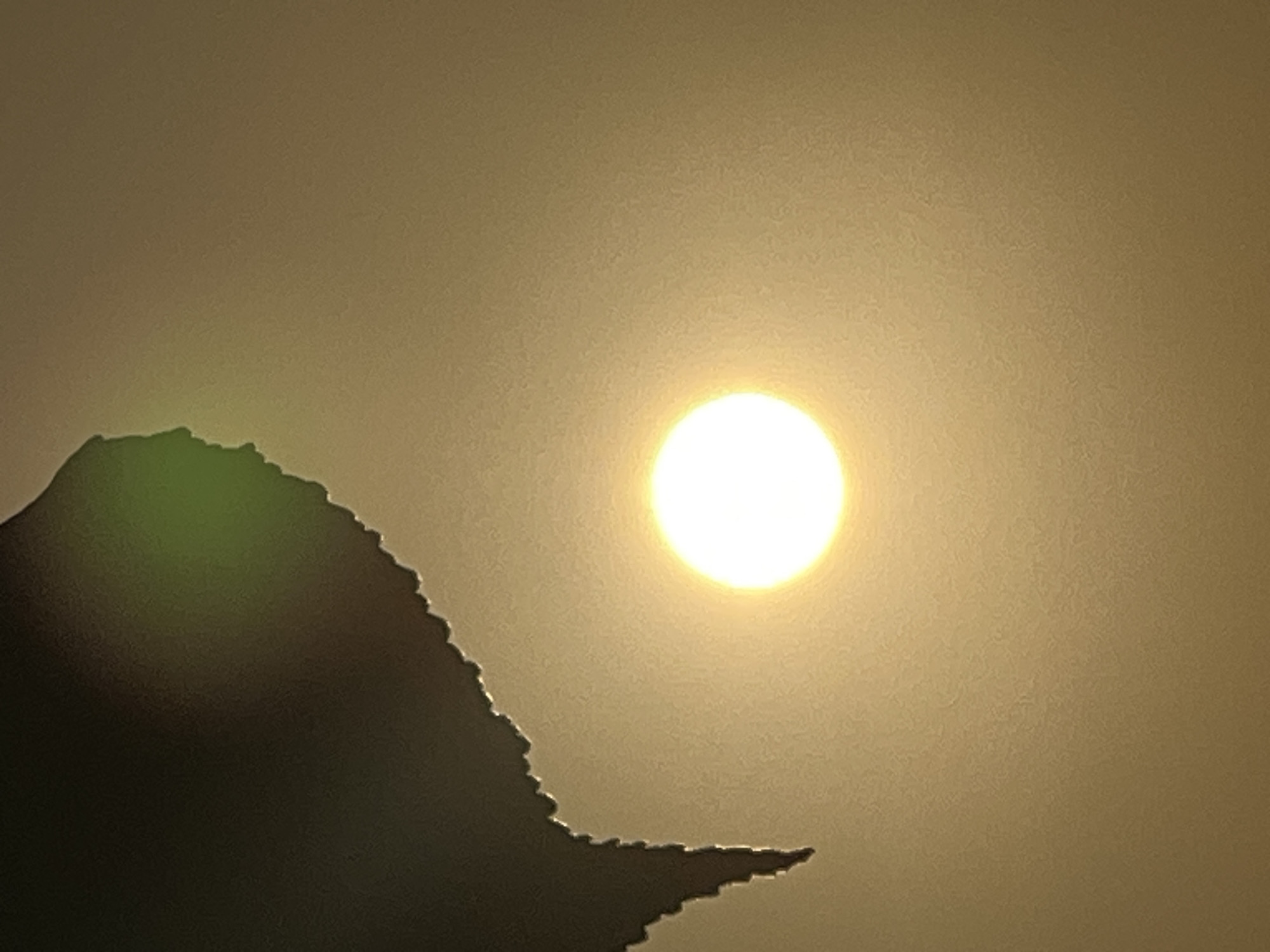 A silhouette of a jagged leaf is in the upper left of the image, obscuring a portion of the bright, hazy sun which is centered in the frame. The sun is a glowing, white orb with a soft yellow halo. The background is a uniform, muted yellow, suggesting an overcast sky or a dust-filled atmosphere. No people, buildings, or other objects are visible. The scene appears to be outdoors, possibly during sunrise or sunset, given the diffuse light and the presence of the leaf. The location in Kuta, Indonesia is not discernible from the image itself.