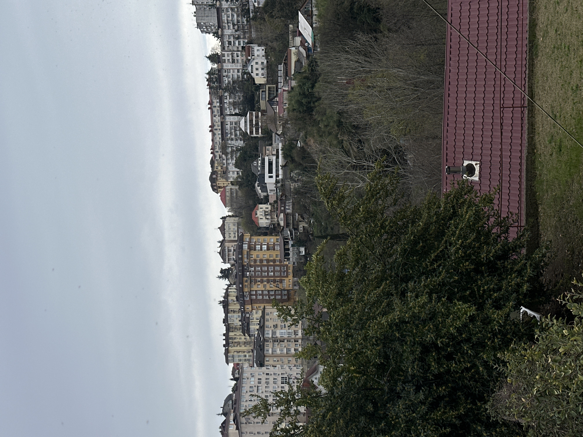 The image shows a view in Sochi, Russia. The foreground features trees and a red tiled roof. In the mid-ground, a hillside is densely populated with residential buildings of varying heights and colors. The background is a cloudy sky.