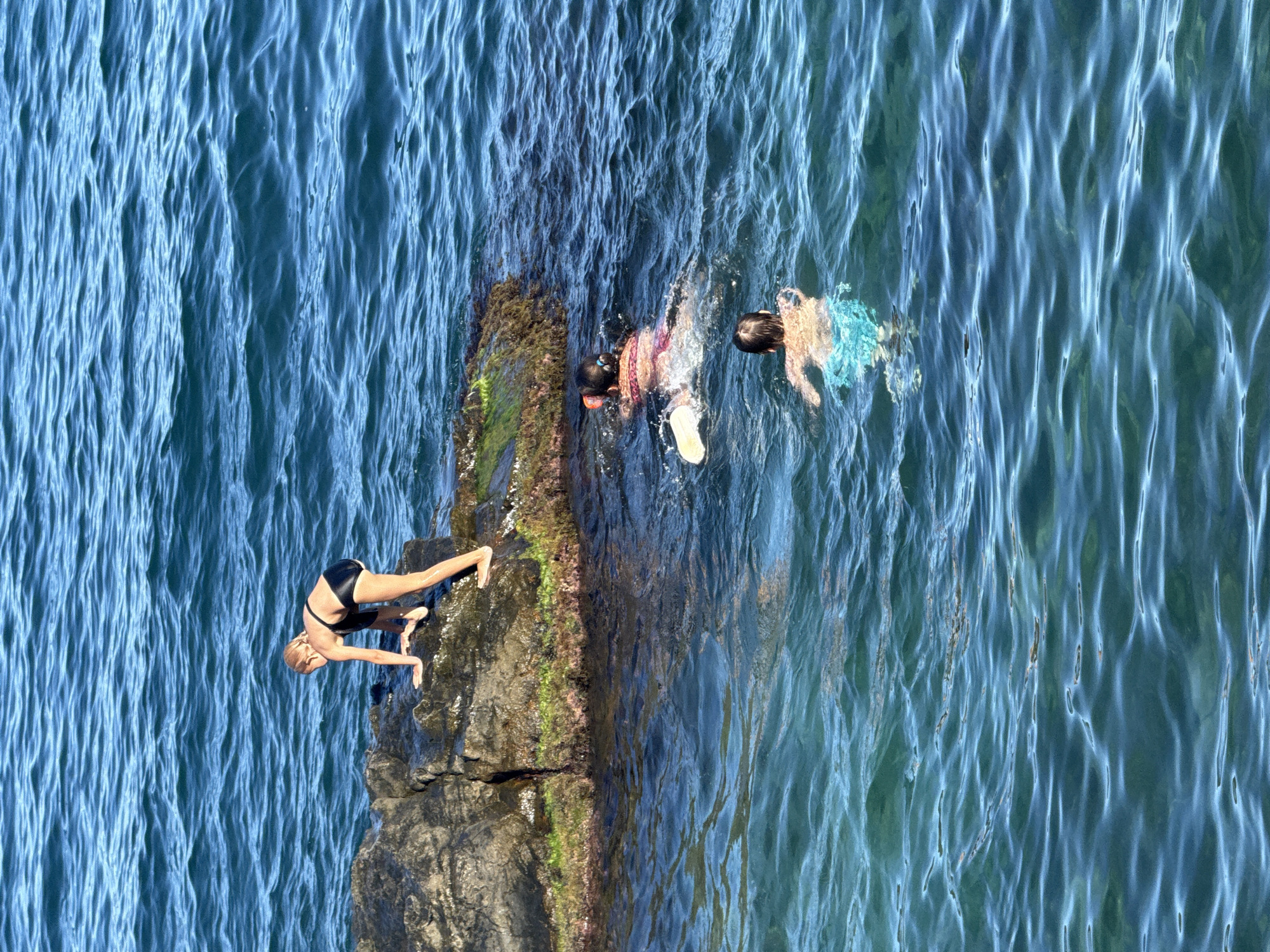 In the city of Partenit, Ukraine, on a sunny day, three individuals are engaged in water activities near a rocky outcropping. A young girl, wearing a black swimsuit, is positioned on the rocks, with her hands on the surface, appearing to be preparing to enter the water. Two other individuals are swimming in the ocean. One, wearing a pink and white swimsuit and a snorkeling mask, is closer to the rocks, with a snorkel and fins visible. Another person, in blue swim trunks, is further out in the water, swimming towards the camera. The sea is a deep blue, with visible waves, suggesting a moderate tide. The rocks are dark and rough, with some green algae visible along the waterline. The scene suggests a recreational outing in a coastal environment.