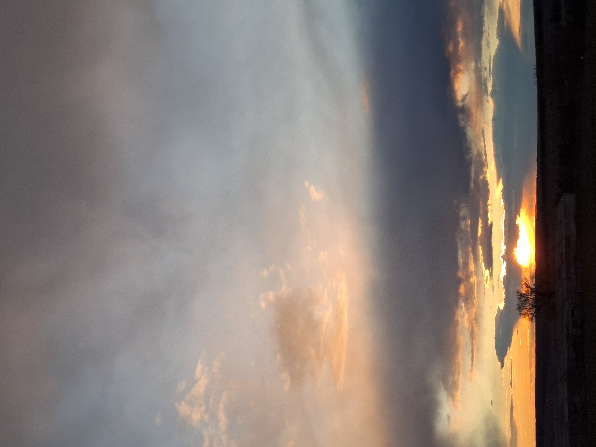 The image displays a dramatic sunset or sunrise over a landscape, with the sun positioned low on the horizon. The sky is dominated by a complex cloud formation, transitioning from dark, moody grays and blues in the upper and left portions of the frame to vibrant oranges, yellows, and reds closer to the sun.
The sun itself is a brilliant, intense orb of light, partially obscured by clouds, creating a strong backlighting effect. Its powerful rays illuminate the clouds with fiery hues, contrasting sharply with the darker cloud masses. Along the horizon, a dark silhouette of land or distant structures is visible, including what appears to be a solitary tree or bush with distinct branches silhouetted against the bright light of the setting or rising sun.
The scene conveys a sense of natural grandeur, with the vast expanse of the sky as the primary subject. The dynamic interplay of light and shadow, and the rich color palette, are notable details. The time of day is either dawn or dusk, characterized by the low sun angle and dramatic atmospheric effects. No people, specific objects, or visible text are present in the image. The setting appears to be an open, possibly rural or semi-urban landscape, consistent with the location context of Khlevnoye, Russia.