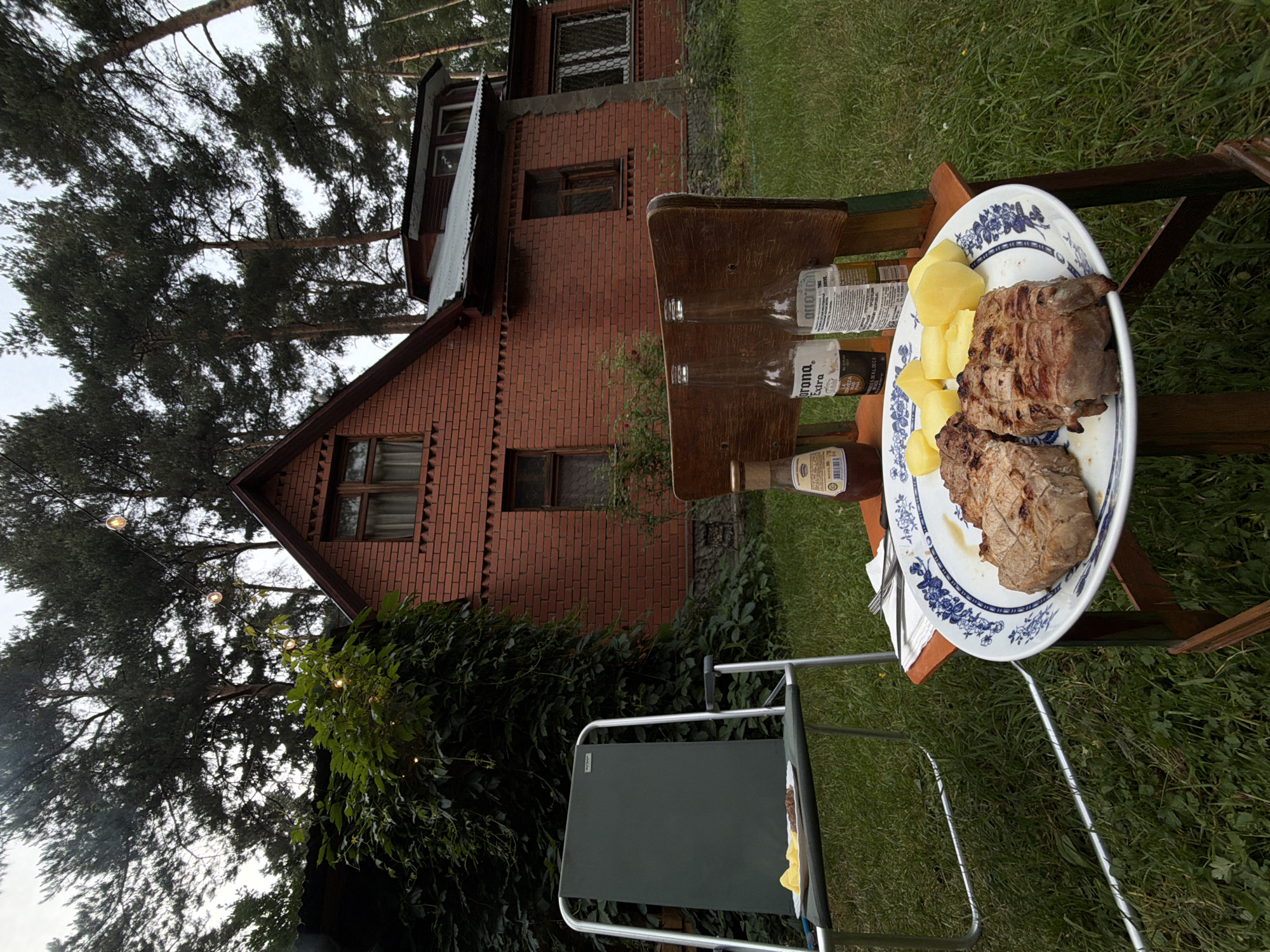 The image depicts an outdoor setting with a brick house and tall pine trees in the background. In the foreground, a table is set with two plates of food, several bottles of beer, and a bottle of sauce. A folding chair is placed to the left of the table. The scene appears to be a meal being prepared or enjoyed outdoors. The location is identified as Udelnaya, Russia.